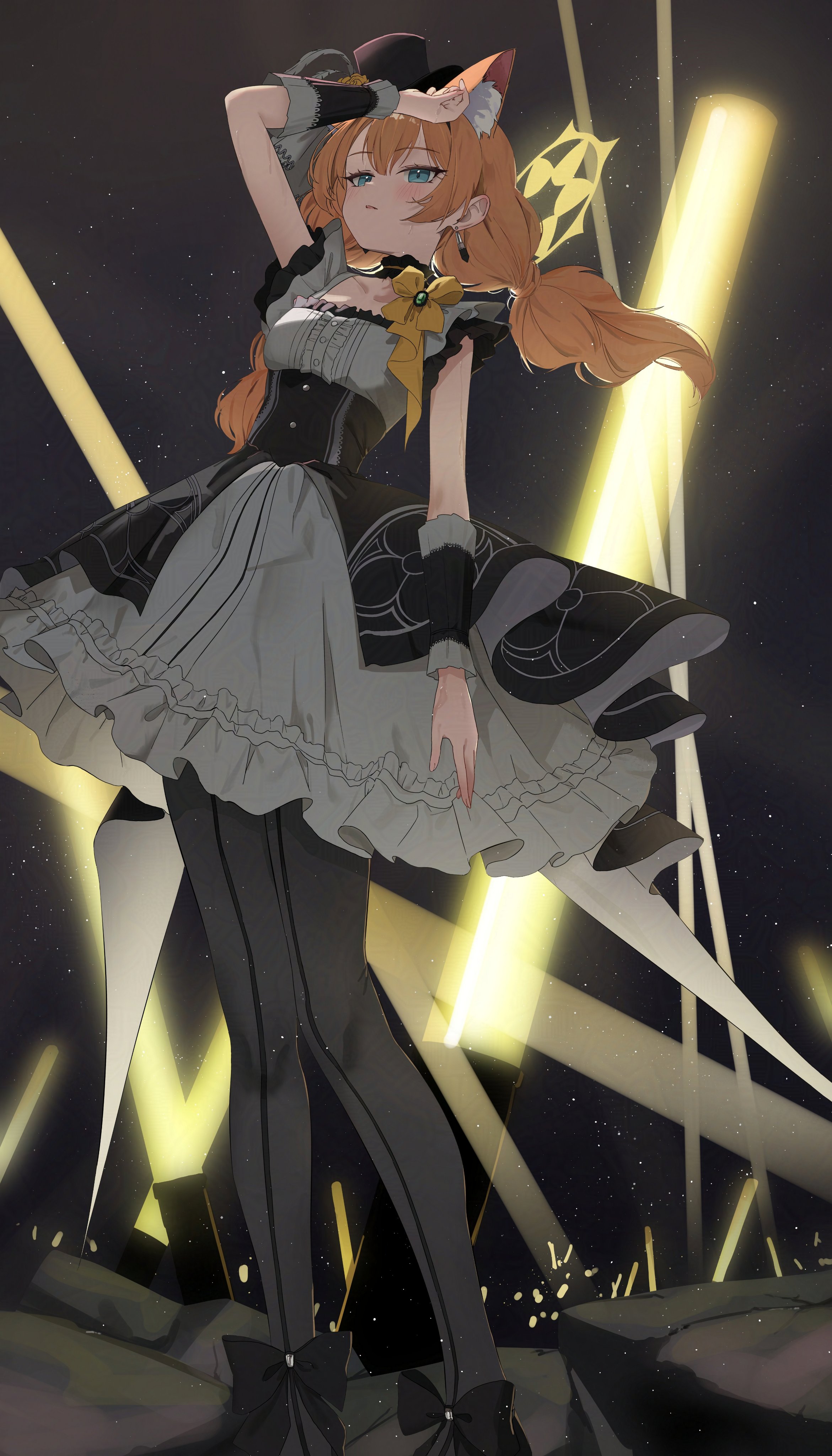 d (delt4), mari (blue archive), mari (idol) (blue archive), blue archive, fluffy hair, absurdres, highres, 1girl, animal ear fluff, animal ears, arm up, black hairband, black hat, black headband, black overskirt, blue eyes, blush, cat ears, choker, dress, flower, frilled choker, frills, grey dress, grey feathers, hairband, halo, hat, hat flower, headband, idol, idol clothes, long hair, looking at viewer, low twintails, mini hat, mini top hat, official alternate costume, open mouth, orange hair, rose, solo, standing, sweat, top hat, twintails, yellow flower, yellow halo, yellow rose