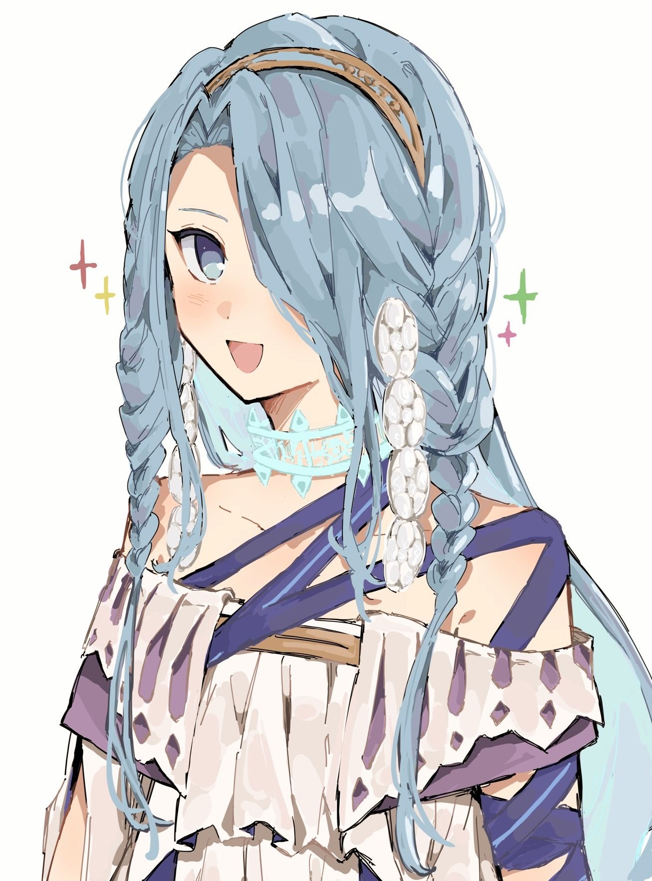 fgo si, typhon ephemeros (fate), typhon epsilon (fate), fate/grand order, fate (series), commentary request, highres, 1girl, bare shoulders, blue eyes, blue hair, blue ribbon, blush, braid, breasts, dress, hair over one eye, hairband, long hair, looking at viewer, open mouth, ribbon, small breasts, smile, solo, sparkle, very long hair, white dress