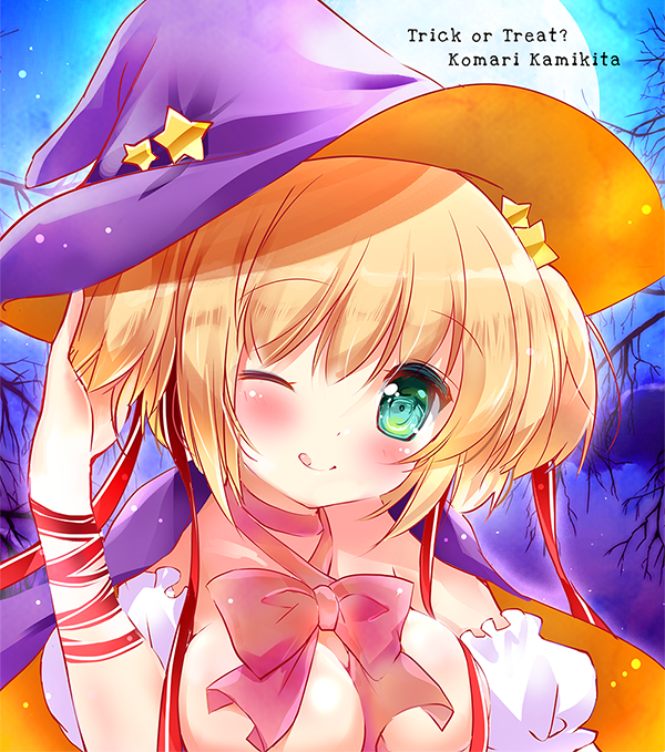 asahina yori, kamikita komari, little busters!, commentary request, 1girl, ;q, alternate costume, aqua eyes, arm ribbon, blush, bow, bowtie, breasts, cape, character name, choker, cleavage, closed mouth, detached sleeves, eyes visible through hair, full moon, hair between eyes, hair ornament, hair ribbon, halloween, halloween costume, hand up, hat, hat ornament, large breasts, long ribbon, looking at viewer, medium hair, moon, night, one eye closed, orange cape, orange hat, outdoors, pink bow, pink bowtie, pink choker, puffy short sleeves, puffy sleeves, purple cape, purple hat, red ribbon, ribbon, short sleeves, sidelocks, smile, solo, star (symbol), star hair ornament, star hat ornament, tareme, tongue, tongue out, trick or treat, two-sided cape, two-sided fabric, two-sided headwear, two side up, upper body, witch, witch hat