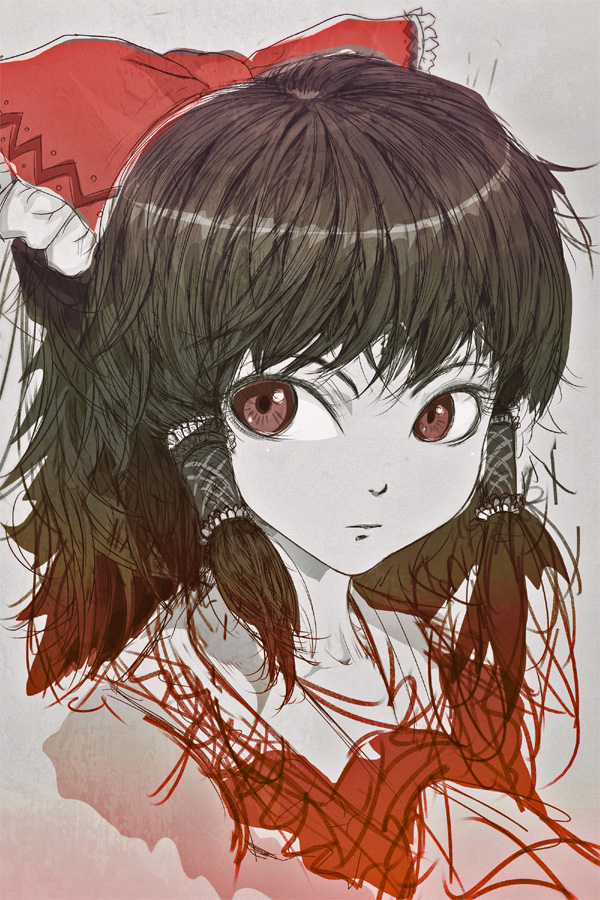 cong1991, hakurei reimu, touhou, bad id, bad pixiv id, 1girl, bow, brown eyes, brown hair, female focus, hair bow, large bow, portrait, red eyes, ribbon, sketch, solo