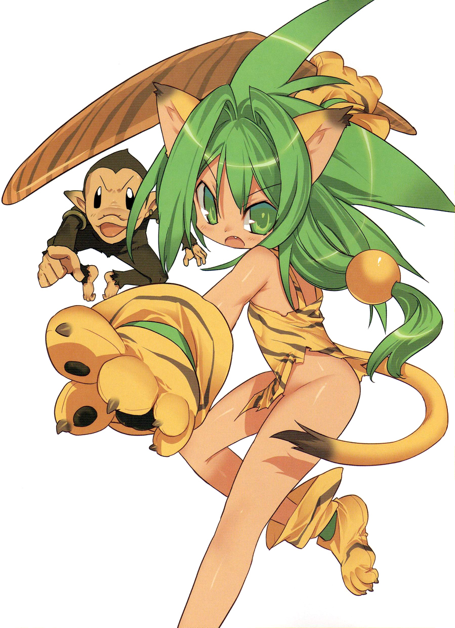 blade (galaxist), cham cham, paku paku, queen's blade, queen's gate, samurai spirits, snk, highres, 1girl, animal ears, animal hands, animal print, boomerang, bottomless, cat ears, cat tail, fang, gloves, green eyes, green hair, hair ornament, long hair, looking at viewer, monkey, no panties, open mouth, paw gloves, paw shoes, shoes, simple background, sphere hair ornament, tail, tiger print, torn clothes, weapon, white background