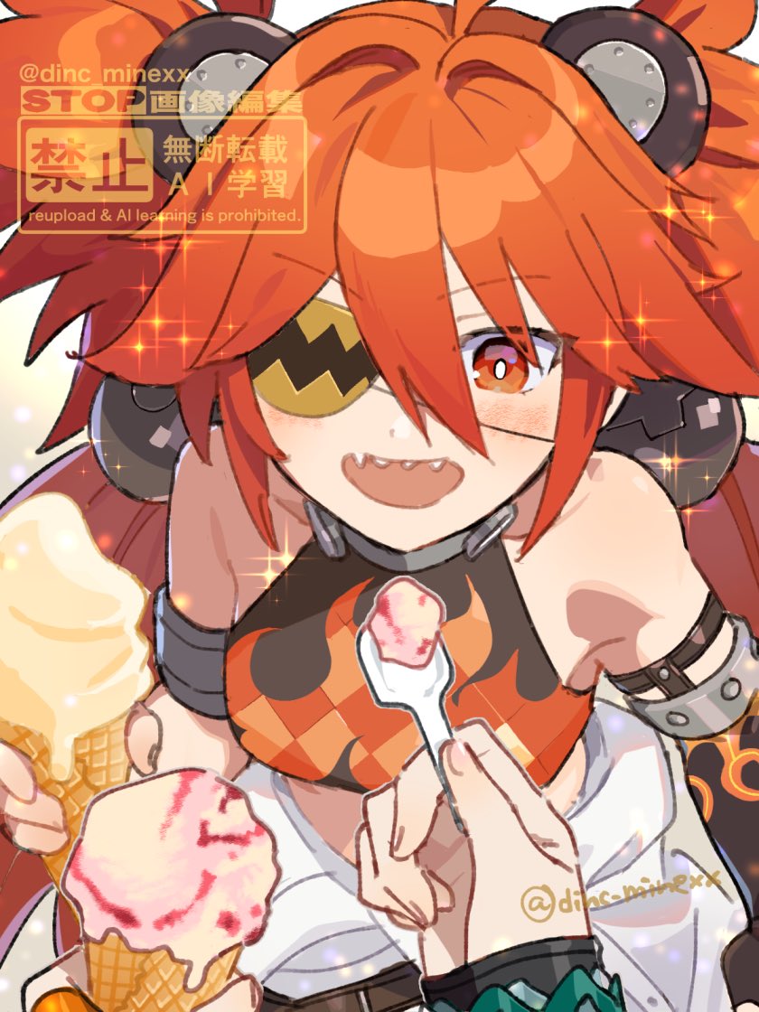 mine (myfoot916), belle (zenless zone zero), koleda belobog, zenless zone zero, commentary request, 2girls, animal ear hairband, animal ears, asymmetrical gloves, bare shoulders, bear ear hairband, bear ears, black gloves, blush, bracelet, breasts, collar, collarbone, crop top, elbow gloves, eyepatch, fake animal ears, feeding, flame print, food, gloves, hair between eyes, hair ornament, hairband, holding, holding food, holding ice cream, holding spoon, ice cream, jewelry, jumpsuit, jumpsuit around waist, long hair, looking at food, medium breasts, metal collar, multiple girls, open mouth, pov, pov hands, red eyes, red hair, sharp teeth, single elbow glove, sparkle, sphere hair ornament, spoon, teeth, twitter username, uneven gloves