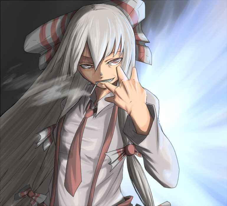 supu, fujiwara no mokou, touhou, 1girl, cigarette, female focus, hair ribbon, looking up, necktie, red eyes, ribbon, smirk, smoke, solo, standing, suspenders, upper body