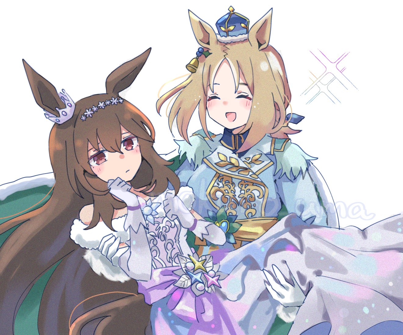 mokuroo, admire vega (glacialis vega) (umamusume), admire vega (umamusume), narita top road (celestial road) (umamusume), narita top road (umamusume), umamusume, commentary request, 2girls, animal ears, bare shoulders, blonde hair, blue crown, blue jacket, blue shirt, blush, breasts, brown hair, cape, carrying, carrying person, closed eyes, closed mouth, crown, dress, ear through crown, elbow gloves, gloves, hair between eyes, hairband, horse ears, horse girl, horse tail, jacket, mini crown, multicolored hair, multiple girls, off-shoulder dress, off shoulder, official alternate costume, open mouth, purple dress, purple eyes, shirt, smile, streaked hair, tail, two-tone cape, white dress, white gloves, white hair