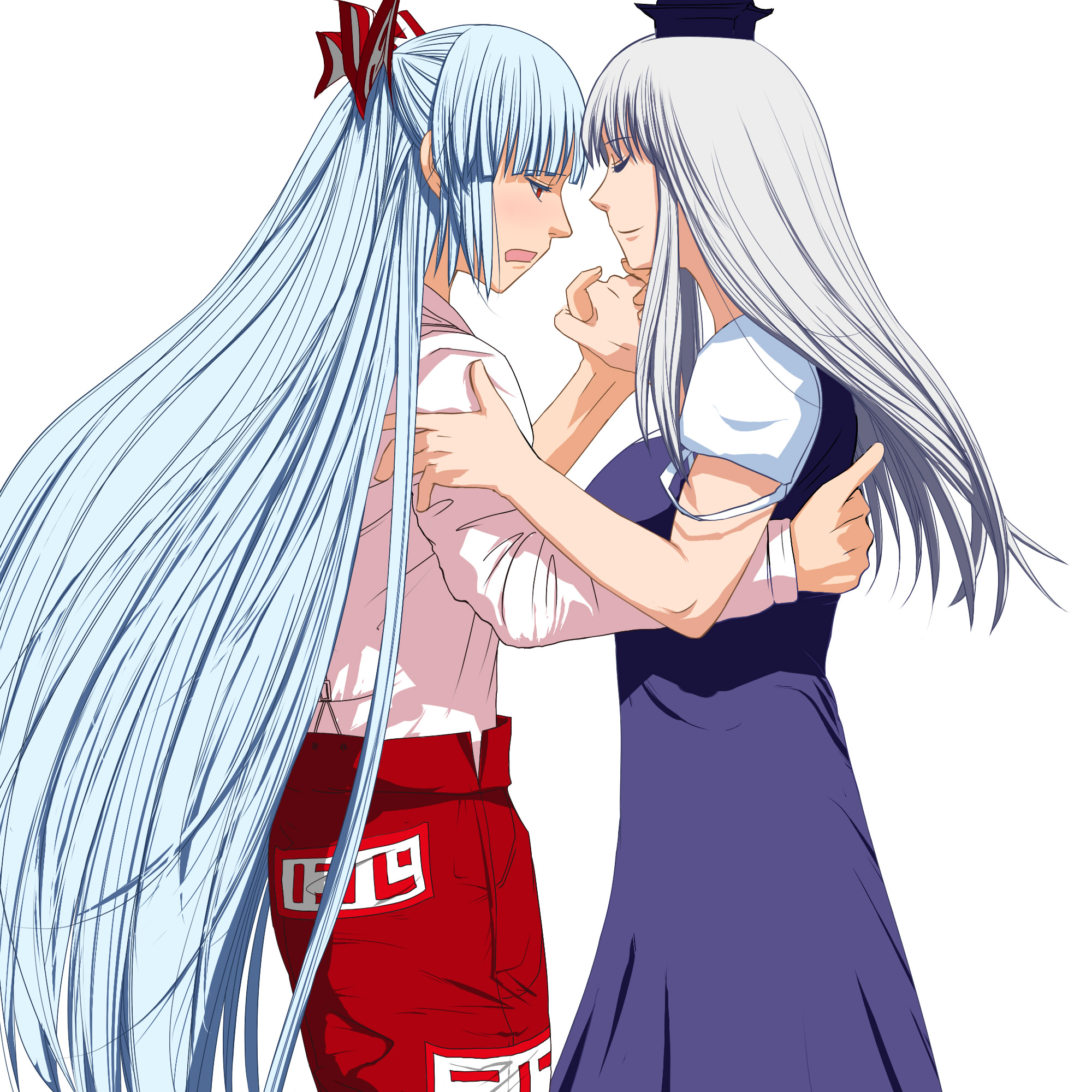 kakita mitsuo, fujiwara no mokou, kamishirasawa keine, touhou, highres, 2girls, dancing, female focus, hair ribbon, long hair, multiple girls, ribbon