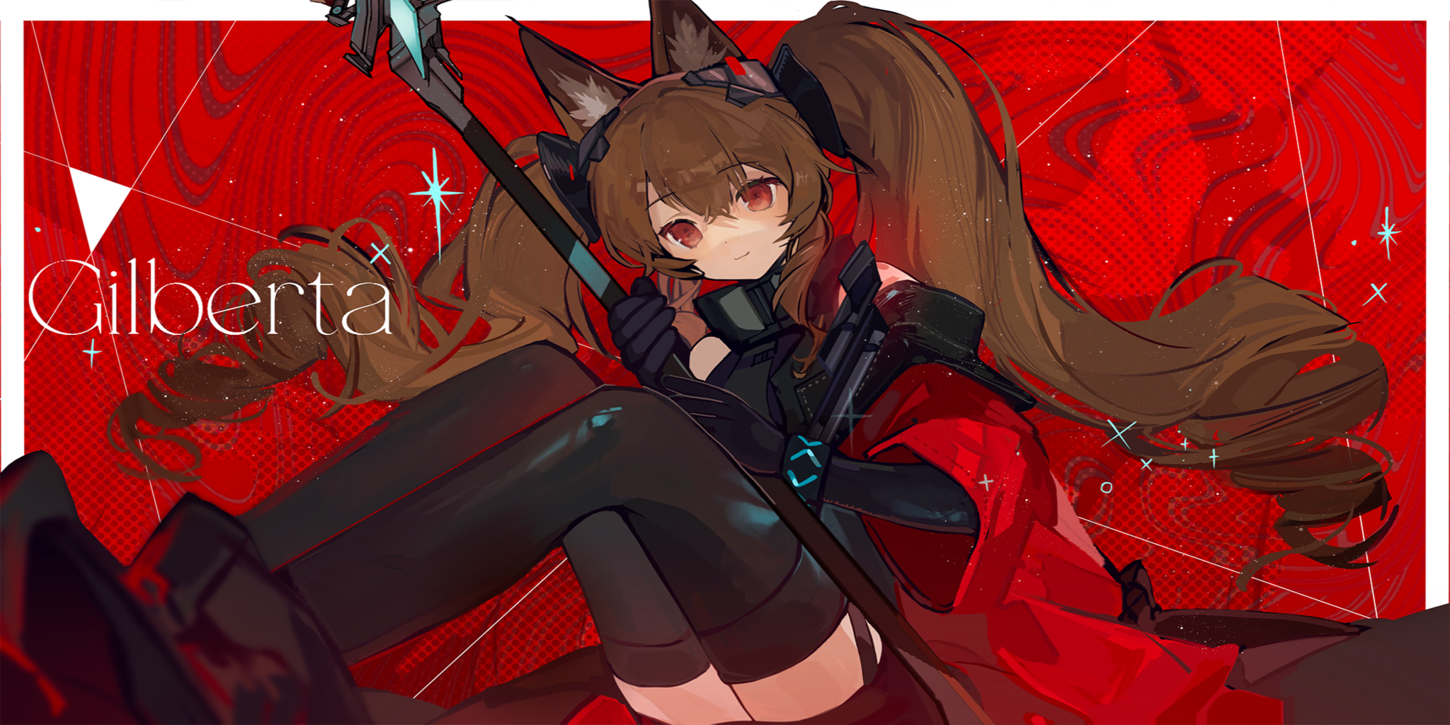 qinghejunzi, angelina (arknights), gilberta (arknights), infection monitor (arknights), arknights, arknights: endfield, commentary, english commentary, game cg, highres, official art, third-party source, 1girl, :3, animal ear fluff, animal ears, belt, black boots, black gloves, black thighhighs, blurry, boots, border, bracelet, brown hair, character name, coat, depth of field, dot nose, dress, elbow gloves, fox ears, fox girl, gloves, grey dress, headpiece, high belt, holding, holding staff, jewelry, knees up, light particles, long hair, long sidelocks, long sleeves, looking at viewer, off shoulder, open clothes, open coat, outside border, red background, red coat, red eyes, short dress, sidelocks, solo, staff, thighhighs, twintails, very long hair, white border, zettai ryouiki