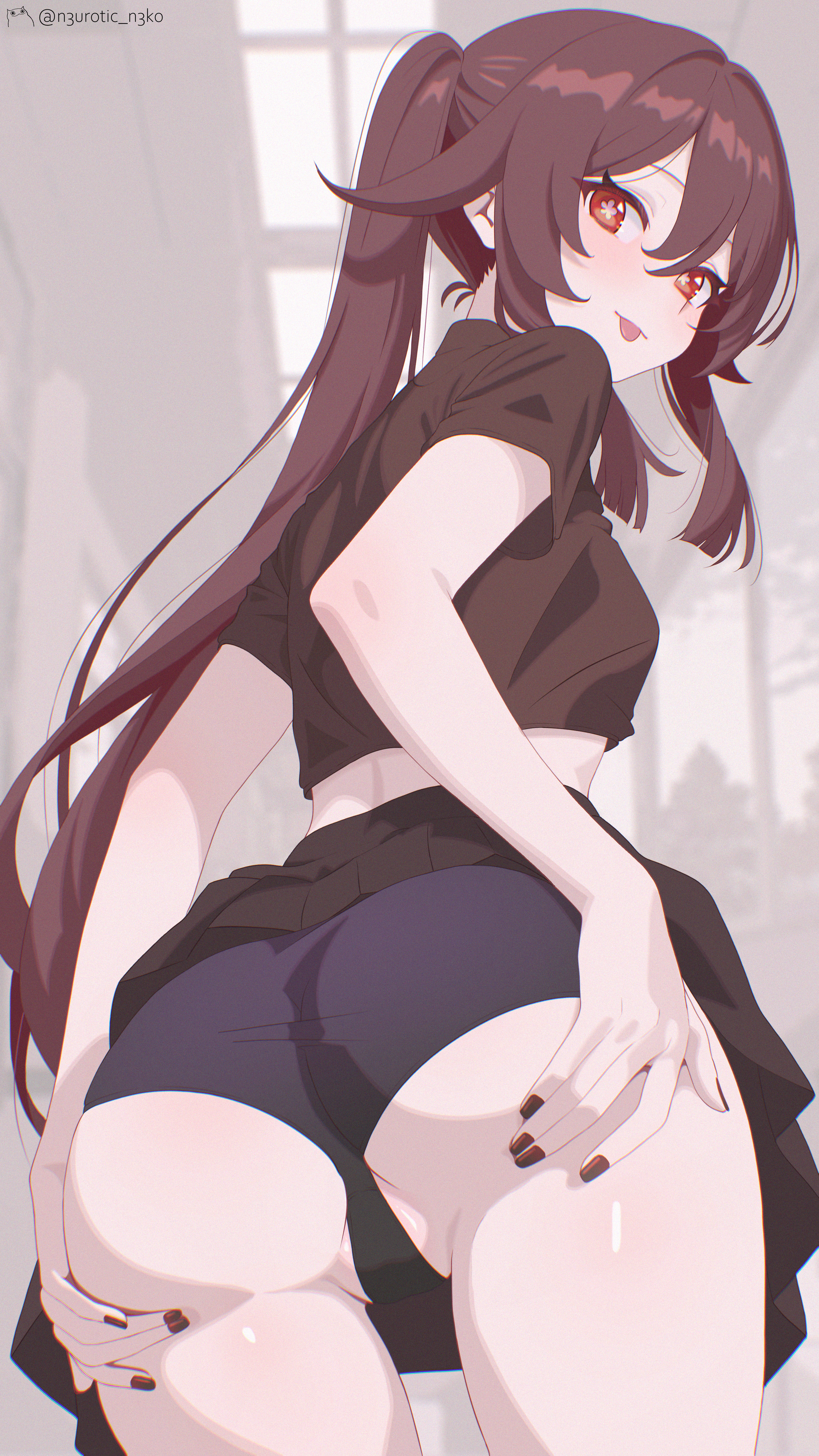 hu tao (genshin impact), genshin impact, absurdres, highres, paid reward available, 1girl, artist name, ass, black nails, black panties, black shirt, black skirt, blush, breasts, brown hair, flower, flower-shaped pupils, from behind, long hair, looking at viewer, neurotic neko, panties, plum blossoms, red eyes, shirt, skirt, small breasts, smile, solo, spread ass, symbol-shaped pupils, tongue, tongue out, twintails, underwear