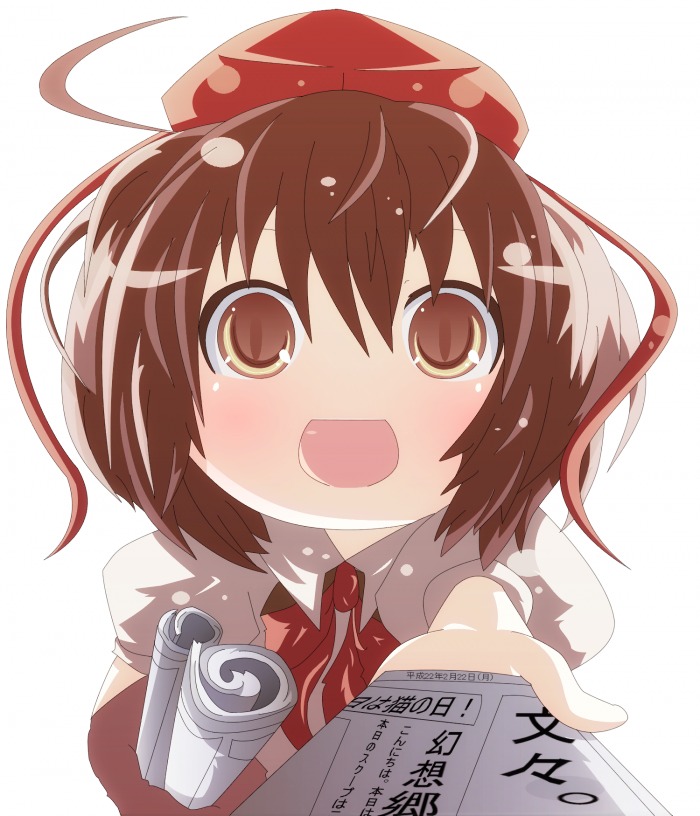 doromizu, shameimaru aya, touhou, bad id, bad pixiv id, 1girl, blush, brown eyes, brown hair, bunbunmaru, chibi, female focus, hat, newspaper, open mouth, short hair, solo, tokin hat