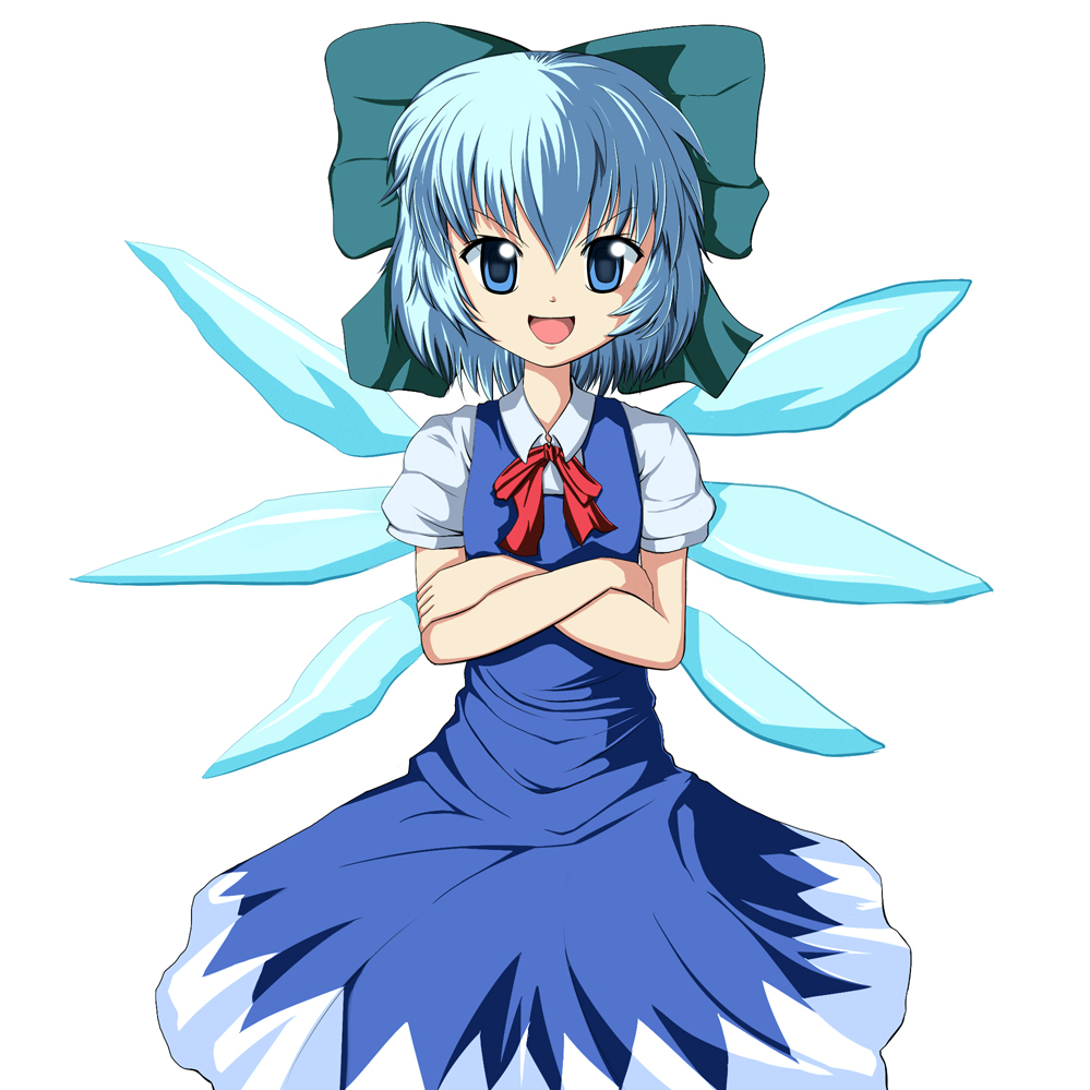 rouzille, cirno, touhou, metadata reference, 1girl, blue eyes, blue hair, circled 9, crossed arms, female focus, matching hair/eyes, ribbon, short hair, simple background, solo, white background, wings