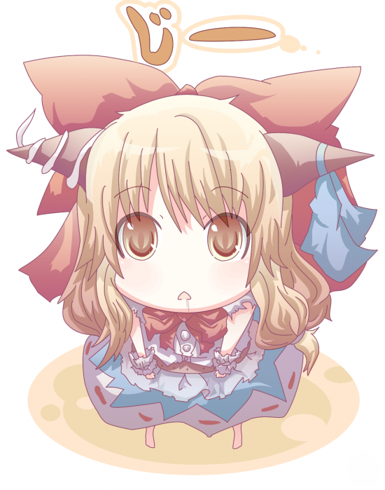 doromizu, ibuki suika, touhou, bad id, bad pixiv id, 1girl, brown eyes, brown hair, chibi, female focus, full body, horns, ribbon, saliva, solo, standing, white background
