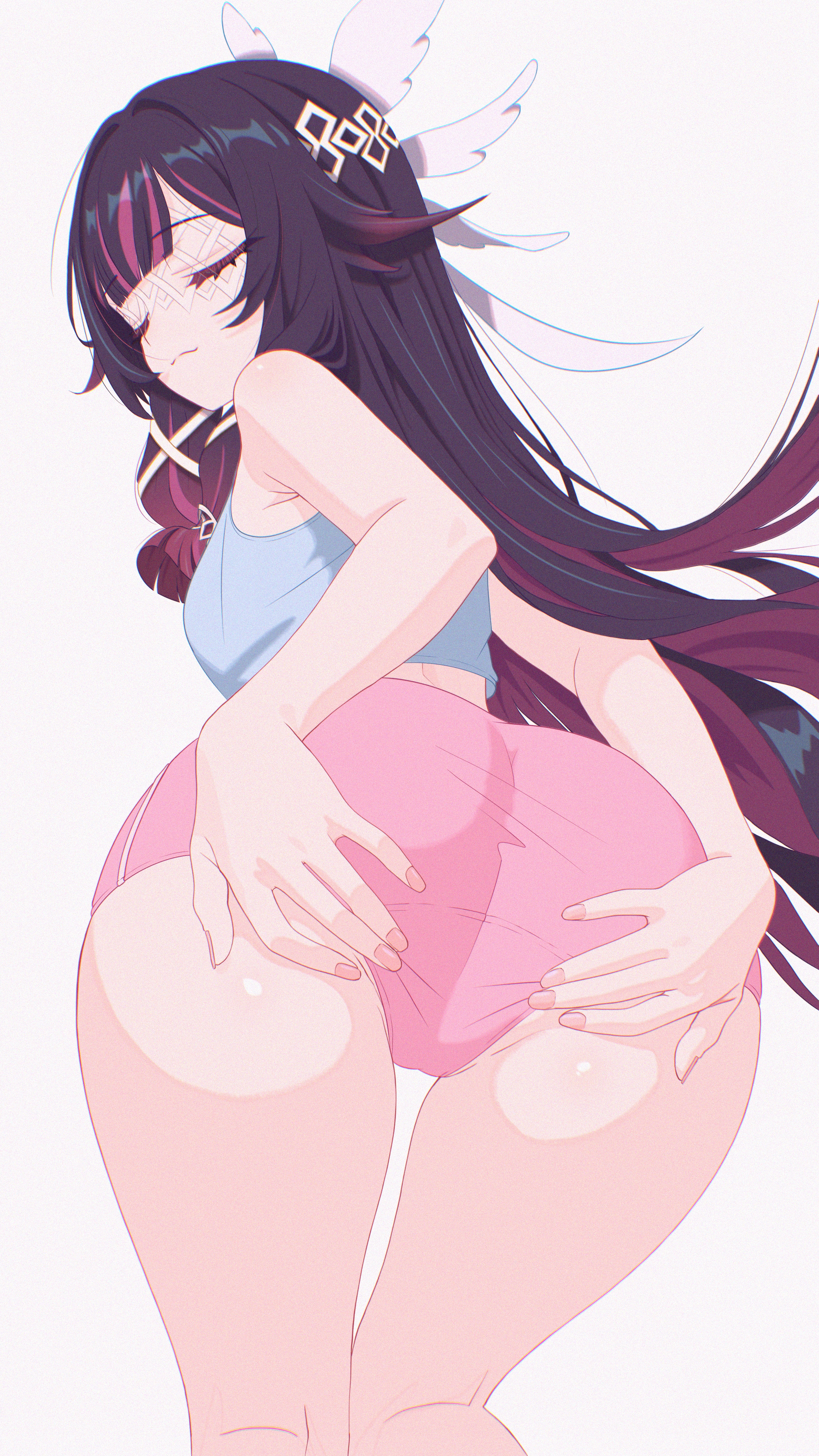 columbina (genshin impact), genshin impact, absurdres, highres, 1girl, ass, black hair, closed eyes, eye mask, from behind, hair ornament, head wings, long hair, mask, multiple wings, neurotic neko, see-through clothes, see-through mask, smile, solo, spread pussy, spread pussy under clothes, underwear, white mask, white wings, wing hair ornament, wings, x-shaped eyewear