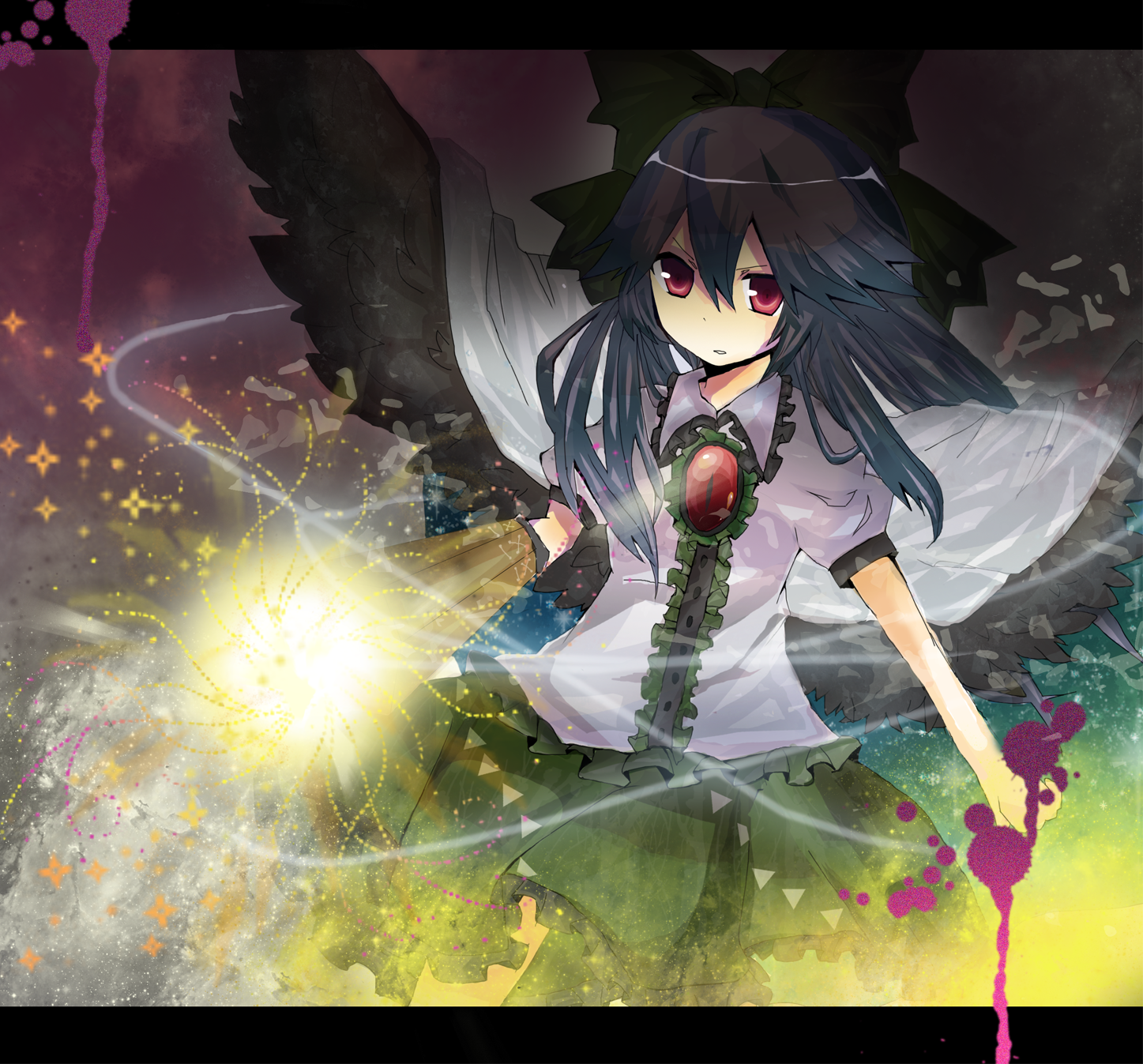 mikito, reiuji utsuho, touhou, bad id, bad pixiv id, highres, 1girl, arm cannon, black hair, female focus, gradient background, hair ribbon, red eyes, ribbon, skirt, solo, weapon, wings