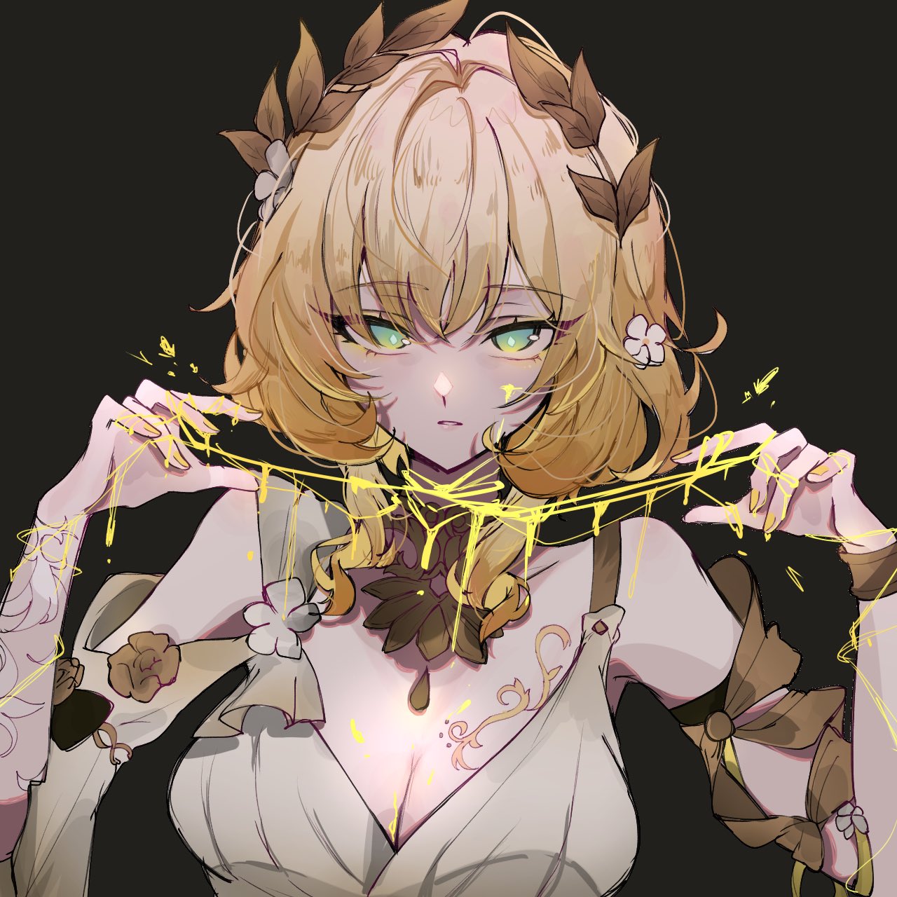 yunoji (onigiri yumi09), aglaea (honkai: star rail), honkai: star rail, honkai (series), commentary, highres, 1girl, blonde hair, bob cut, bracelet, breasts, chest tattoo, cleavage, clothing cutout, floral print, flower, greco-roman clothes, green eyes, jewelry, laurel crown, nail polish, necklace, simple background, tattoo, thread, upper body, white flower, yellow blood