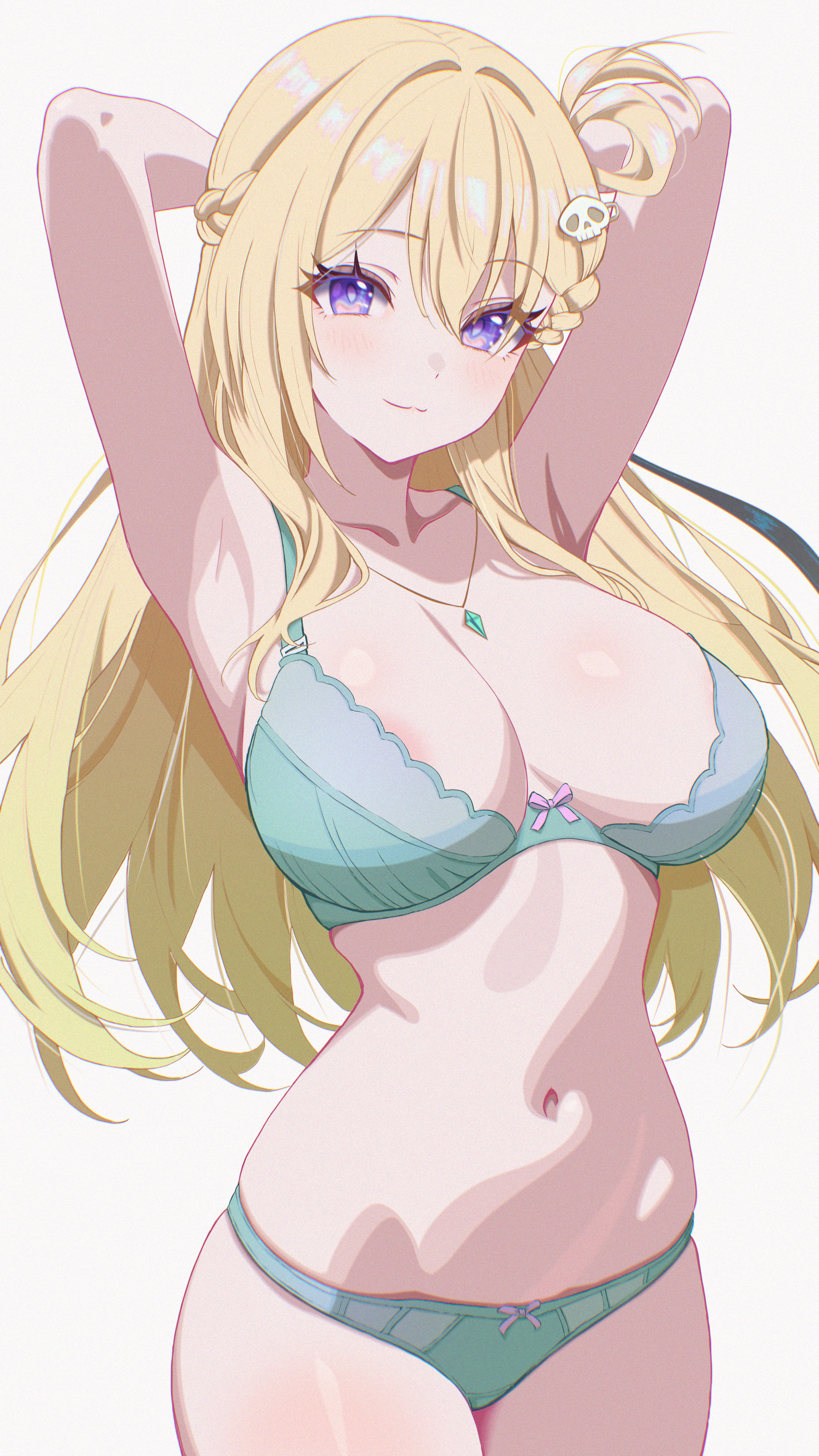 lynae (wuthering waves), wuthering waves, absurdres, bilingual commentary, commentary, english commentary, highres, mixed-language commentary, paid reward available, 1girl, alternate costume, armpits, arms up, blonde hair, bow, bow bra, bow panties, bra, braid, braided bangs, breasts, green bra, green panties, hair ornament, jewelry, large breasts, long hair, looking at viewer, navel, necklace, neurotic neko, panties, purple eyes, skull hair ornament, solo, underwear, underwear only
