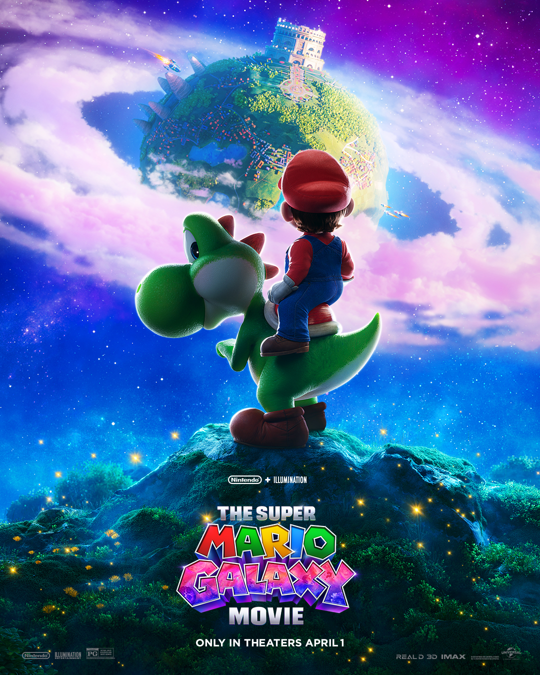 mario, yoshi, mario (series), nintendo, the super mario galaxy movie, artist request, commentary, english commentary, highres, key visual, official art, promotional art, second-party source, 1boy, blue overalls, boots, brown boots, brown hair, castle, copyright logo, dinosaur, gloves, hat, logo, movie poster (medium), overalls, planet, red hat, red shirt, riding, scales, shirt, sitting, sky, spacecraft, star (sky), tail, white gloves