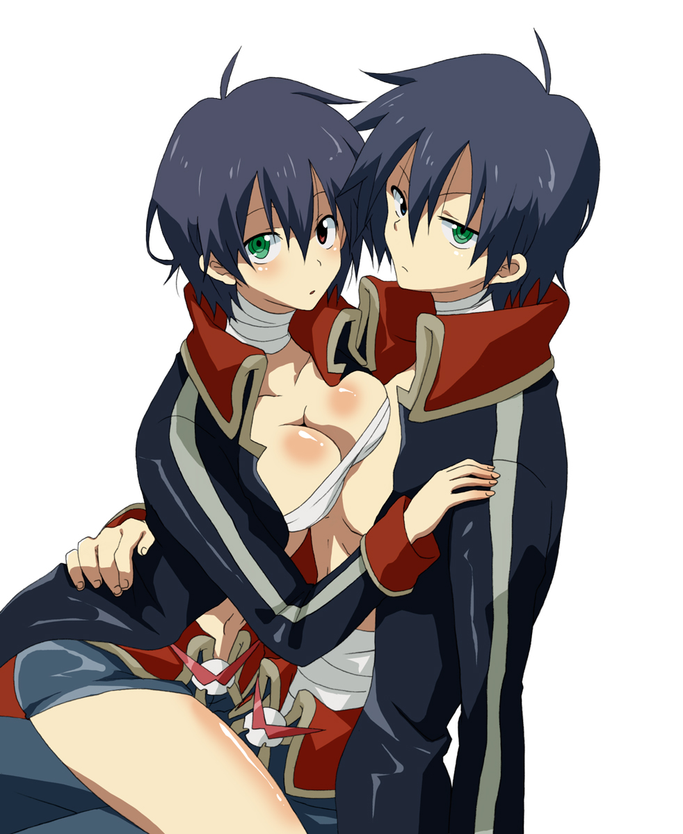 kuroki natsu, natsu (pixiv466254), garlock simon, simon (ttgl), tengen toppa gurren lagann, bad id, bad pixiv id, highres, 00s, 1boy, 1girl, aged up, bandages, blue hair, breasts, clone, coat, dual persona, genderswap, genderswap (mtf), heterochromia, medium breasts, sarashi, selfcest, short hair, short shorts, shorts, spiral power, trench coat