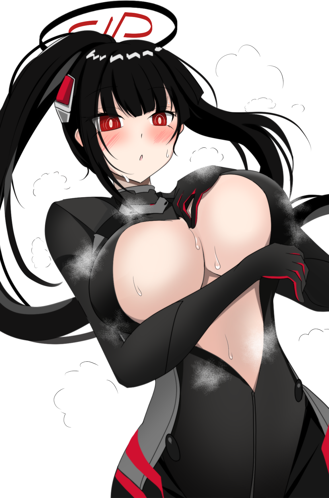 kagerou rakugaki, rio (blue archive), blue archive, commentary request, highres, 1girl, :o, black bodysuit, black hair, black halo, blunt bangs, blush, bodysuit, breasts, bright pupils, cleavage, cleavage cutout, clothing cutout, hair ornament, halo, hand on own chest, large breasts, long hair, looking at viewer, multicolored hair, ponytail, red eyes, red halo, rio (armed) (blue archive), solo, steam, sweat, two-tone hair, white pupils