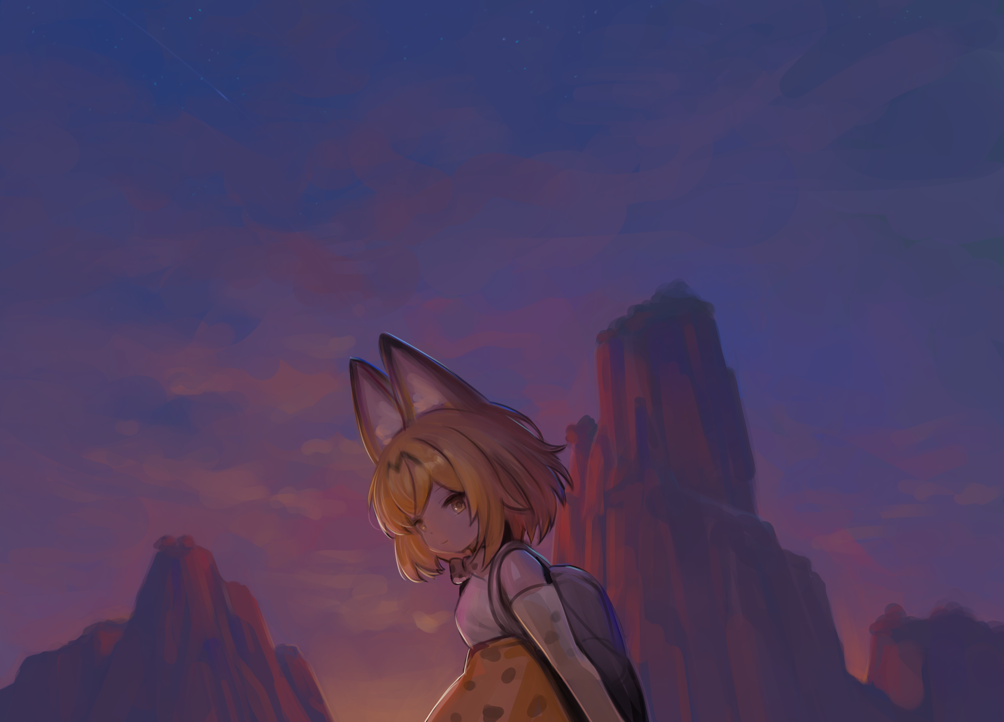 dokomon, serval (kemono friends), kemono friends, absurdres, commentary, highres, korean commentary, 1girl, animal ear fluff, animal ears, backpack, bag, blonde hair, blue sky, brown eyes, brown skirt, cliff, closed mouth, cloud, elbow gloves, gloves, high-waist skirt, mountain, outdoors, shirt, skirt, sky, sleeveless, sleeveless shirt, smile, solo, sunset, white gloves, white shirt