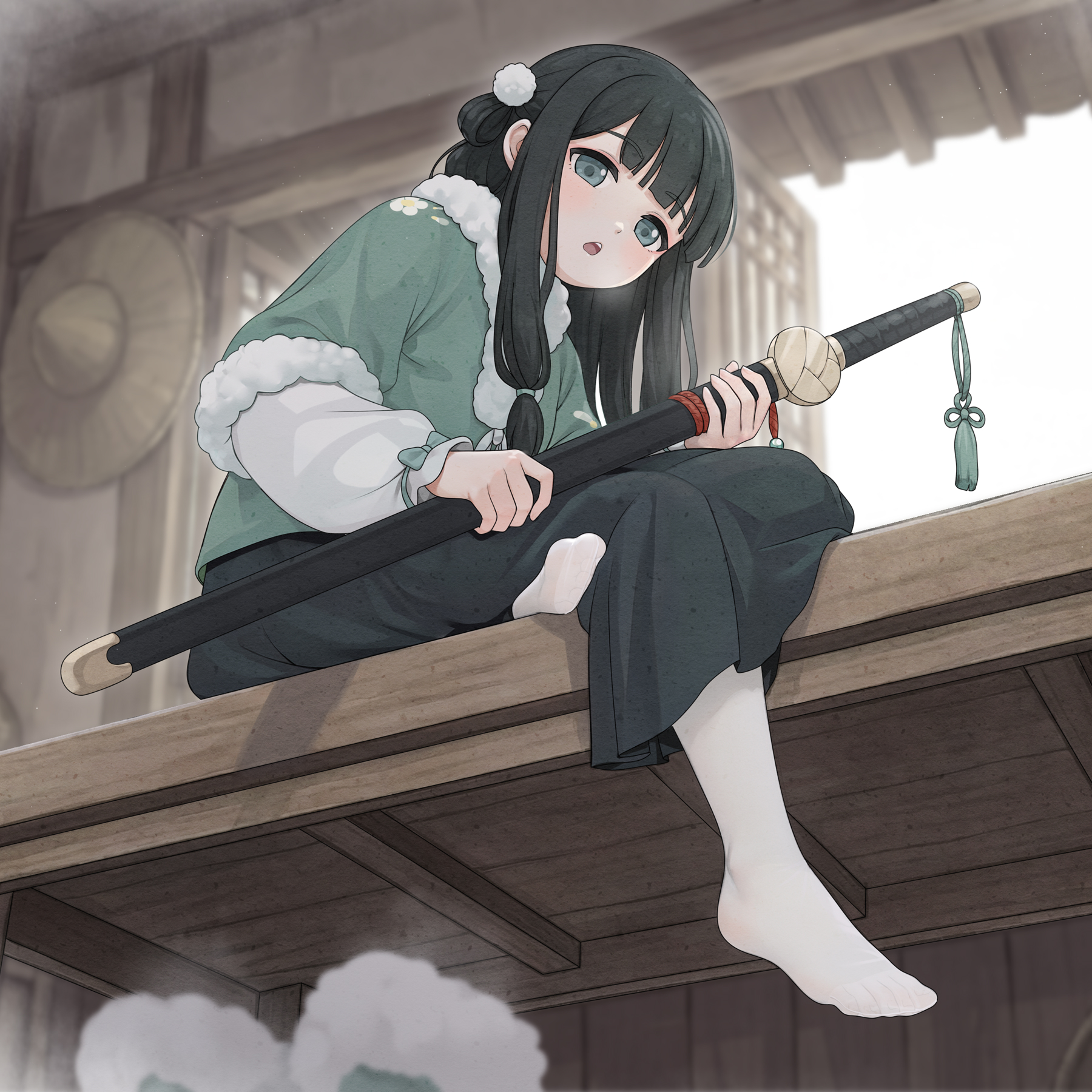 shiro piazi, original, commentary, commentary request, highres, symbol-only commentary, 1girl, black hair, black skirt, blurry, blurry background, day, depth of field, full body, grey eyes, holding, holding sheath, long hair, no shoes, open mouth, pantyhose, sheath, sheathed, sitting, skirt, solo, sunlight, sword, very long hair, weapon, white pantyhose