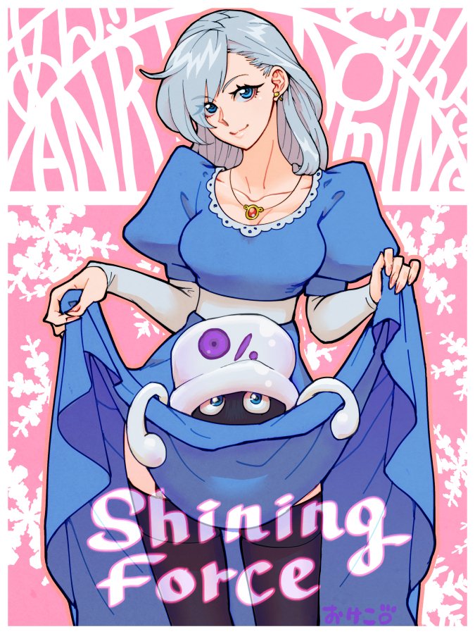 okeko, anri (shining force), shining (series), shining force i, translation request, 1girl, asymmetrical bangs, blue dress, blue eyes, breasts, cleavage, clothes grab, clothes lift, collarbone, dress, earrings, english text, eyes visible through hair, gem, grey hair, head tilt, jewelry, light smile, long sleeves, looking at viewer, necklace, pink background, simple background, single earring, skirt, skirt grab, skirt lift, snowflake background, solo, solo focus, squid, thighhighs