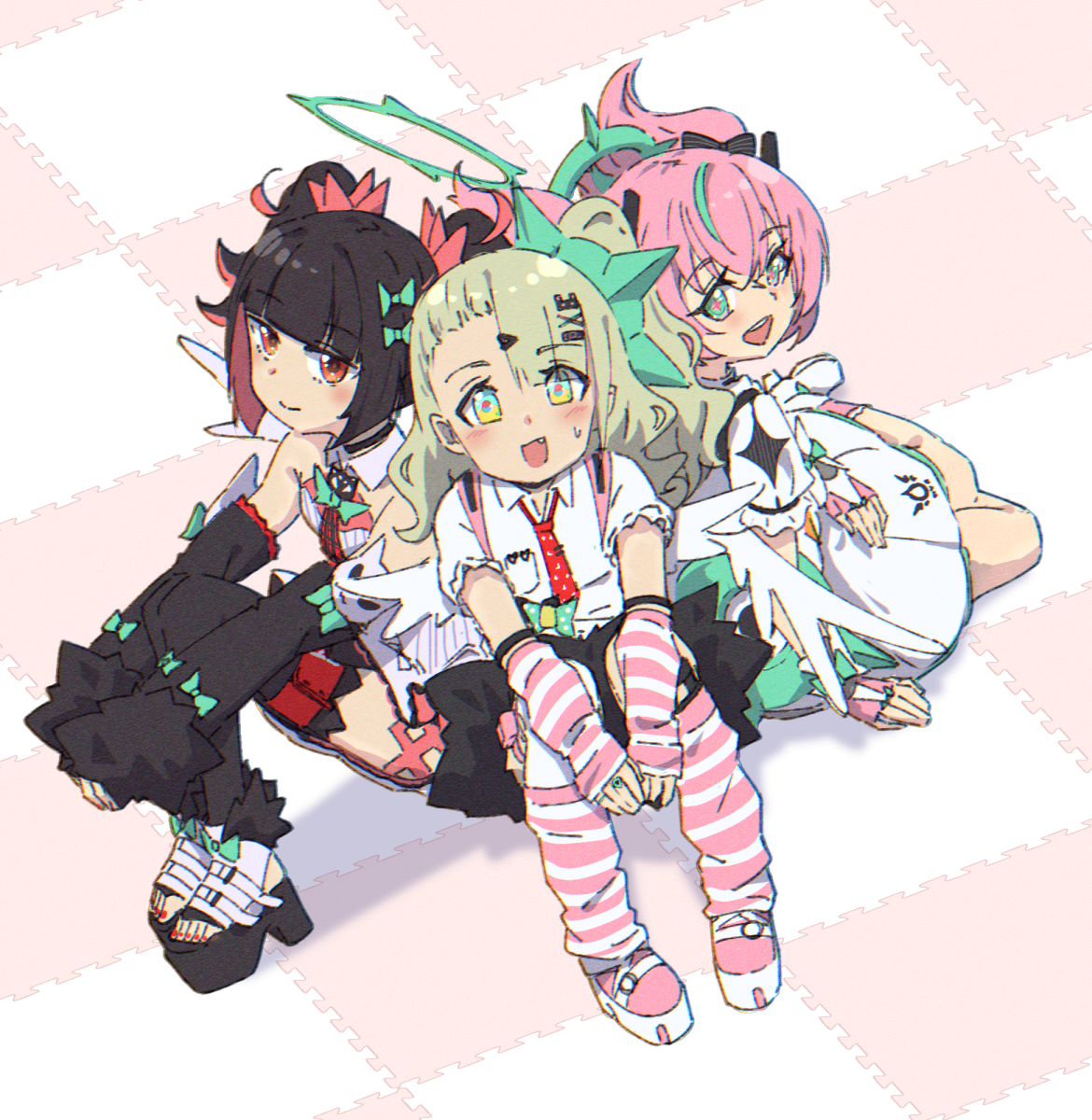 53c (ray cordova), aria (zenless zone zero), angels of delusion, zenless zone zero, commentary request, highres, 3girls, :d, arm warmers, black hair, black sandals, black shorts, black thighhighs, blue eyes, blush, checkered floor, collared shirt, dress, eyes visible through hair, fang, fingerless gloves, gloves, grey hair, hair between eyes, hair ornament, hair over one eye, halo, loose socks, multicolored hair, multiple girls, nail polish, nangong yu, necktie, open mouth, pink gloves, pink hair, platform sandals, polka dot necktie, puffy short sleeves, puffy sleeves, red eyes, red hair, red nails, red necktie, sandals, shirt, short sleeves, shorts, small sweatdrop, smile, socks, stirrup legwear, striped clothes, striped socks, sunna (zenless zone zero), sweat, thighhighs, toeless legwear, toenail polish, toenails, two-tone hair, white dress, white shirt, x hair ornament