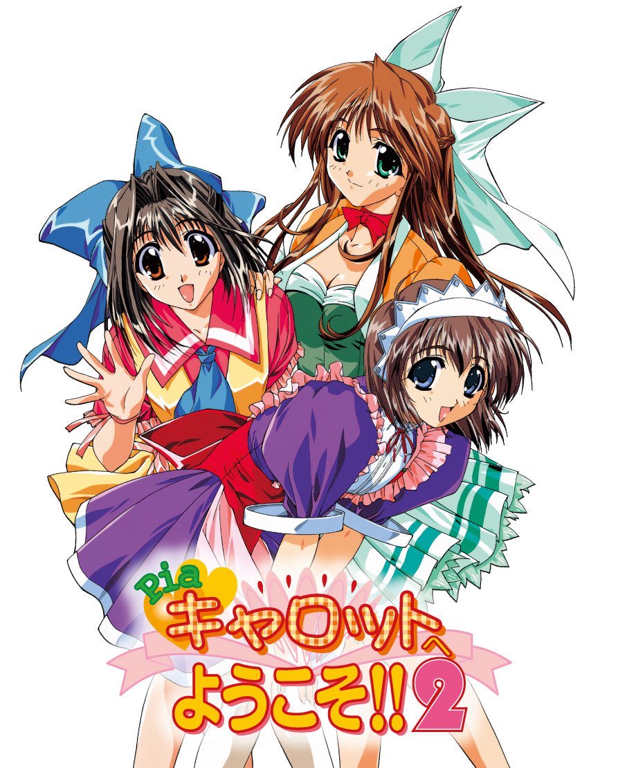 mitsumi misato, enomoto tsukasa, hinomori azusa, hinomori mina, pia carrot (series), pia carrot e youkoso!! 2, commentary request, official art, 3girls, :d, bent over, blue eyes, bow, breasts, brown hair, cleavage, copyright name, dress, green eyes, hair bow, maid, maid headdress, multiple girls, open mouth, purple dress, school uniform, serafuku, siblings, sisters, smile, waving