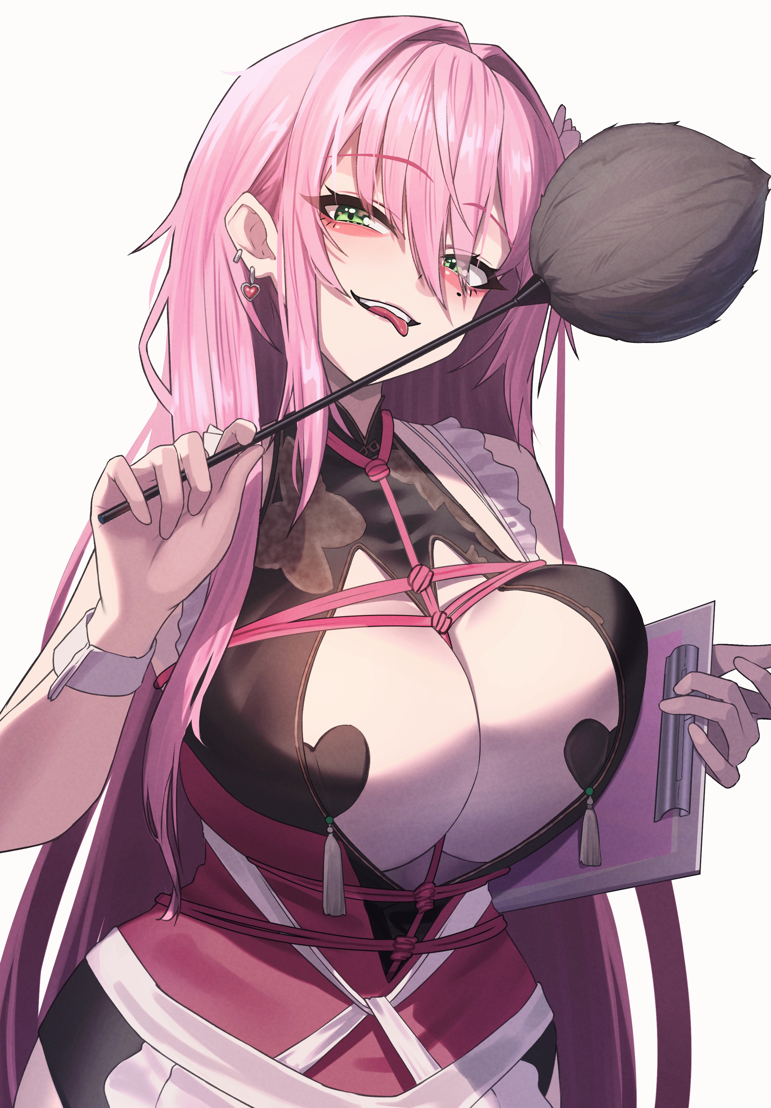 ars rg0412, velvet (nikke), goddess of victory: nikke, absurdres, commentary request, highres, 1girl, apron, bare shoulders, black dress, breasts, cleavage, clipboard, cowboy shot, dress, duster, earrings, flower, green eyes, hair between eyes, hair flower, hair intakes, hair ornament, heart pasties, holding, holding clipboard, holding duster, jewelry, large breasts, long hair, looking at viewer, maid, maid apron, mole, mole under eye, pasties, pink hair, pink rope, red dress, rope, shibari, shibari over clothes, sidelocks, simple background, sleeveless, sleeveless dress, smile, solo, standing, tassel, teeth, tongue, tongue out, upper teeth only, white background, wrist cuffs