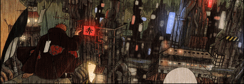 pain (naruto), pain (tendo), naruto (series), naruto shippuuden, lights, animated, animated gif, artist request, lowres, traditional media, 1boy, akatsuki (naruto), city, corpse, from behind, male focus, orange hair, rain, sitting, solo, spiked hair