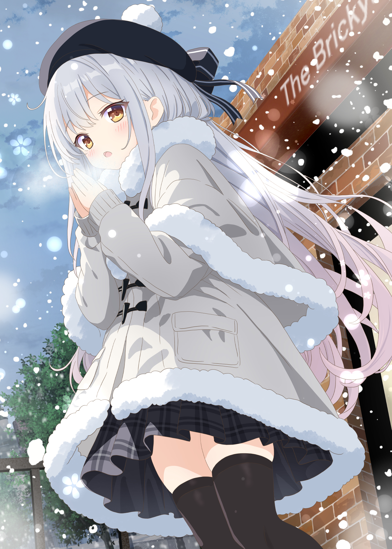 aruka (alka p1), original, commentary, highres, 1girl, black-thighhighs, black hat, black skirt, blush, breath, coat, day, feet out of frame, fur-trimmed coat, fur collar, fur trim, grey coat, grey hair, hands up, hat, long hair, long sleeves, open mouth, outdoors, plaid clothes, plaid skirt, pleated skirt, pom pom (clothes), skirt, snowing, solo, standing, thighhighs, winter, winter clothes, yellow eyes, zettai ryouiki