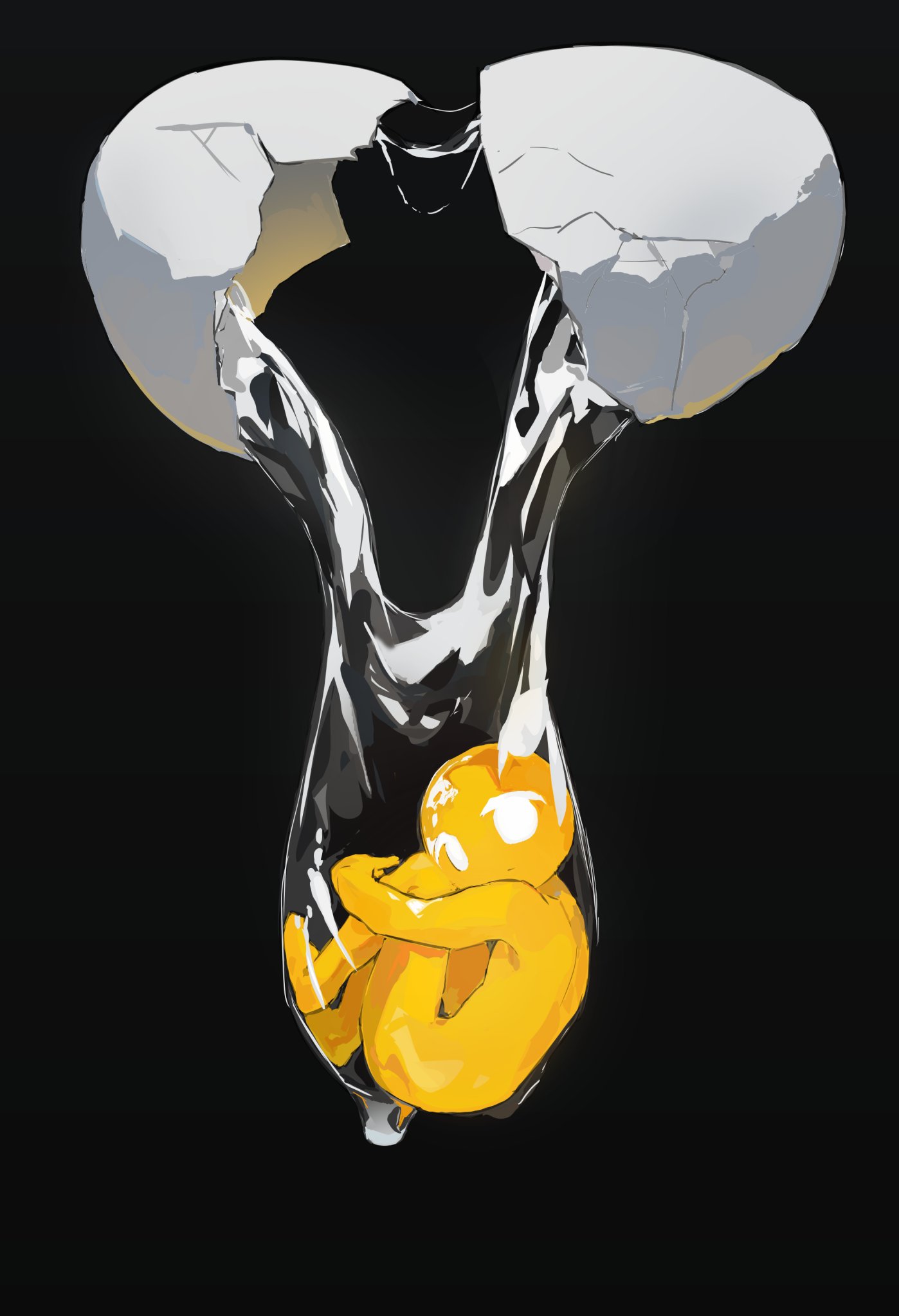 original, commentary, highres, symbol-only commentary, 1other, ambiguous gender, broken egg, colored skin, completely nude, cracking egg, curled up, egg yolk, empty eyes, encasement, full body, hugging own legs, looking at viewer, mini person, nude, other focus, painterly, pinkclione, realistic, solo, yellow skin