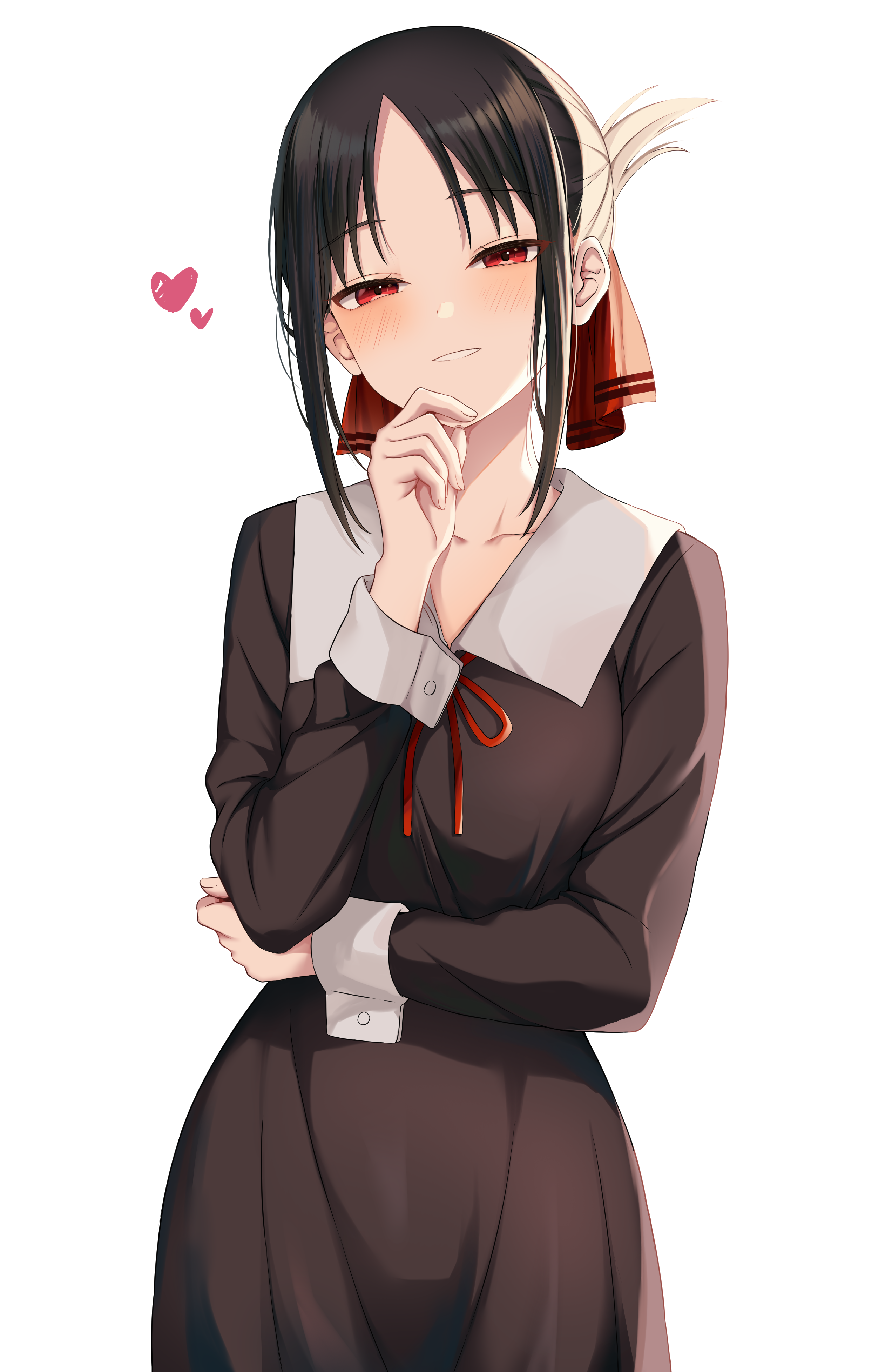 norazura, shinomiya kaguya, kaguya-sama wa kokurasetai ~tensai-tachi no renai zunousen~, absurdres, commentary request, highres, 1girl, black dress, black hair, blush, collarbone, collared dress, dress, folded ponytail, hair ribbon, half-closed eyes, hand up, heart, long sleeves, looking at viewer, neck ribbon, red eyes, red ribbon, ribbon, school uniform, simple background, smile, solo, white background