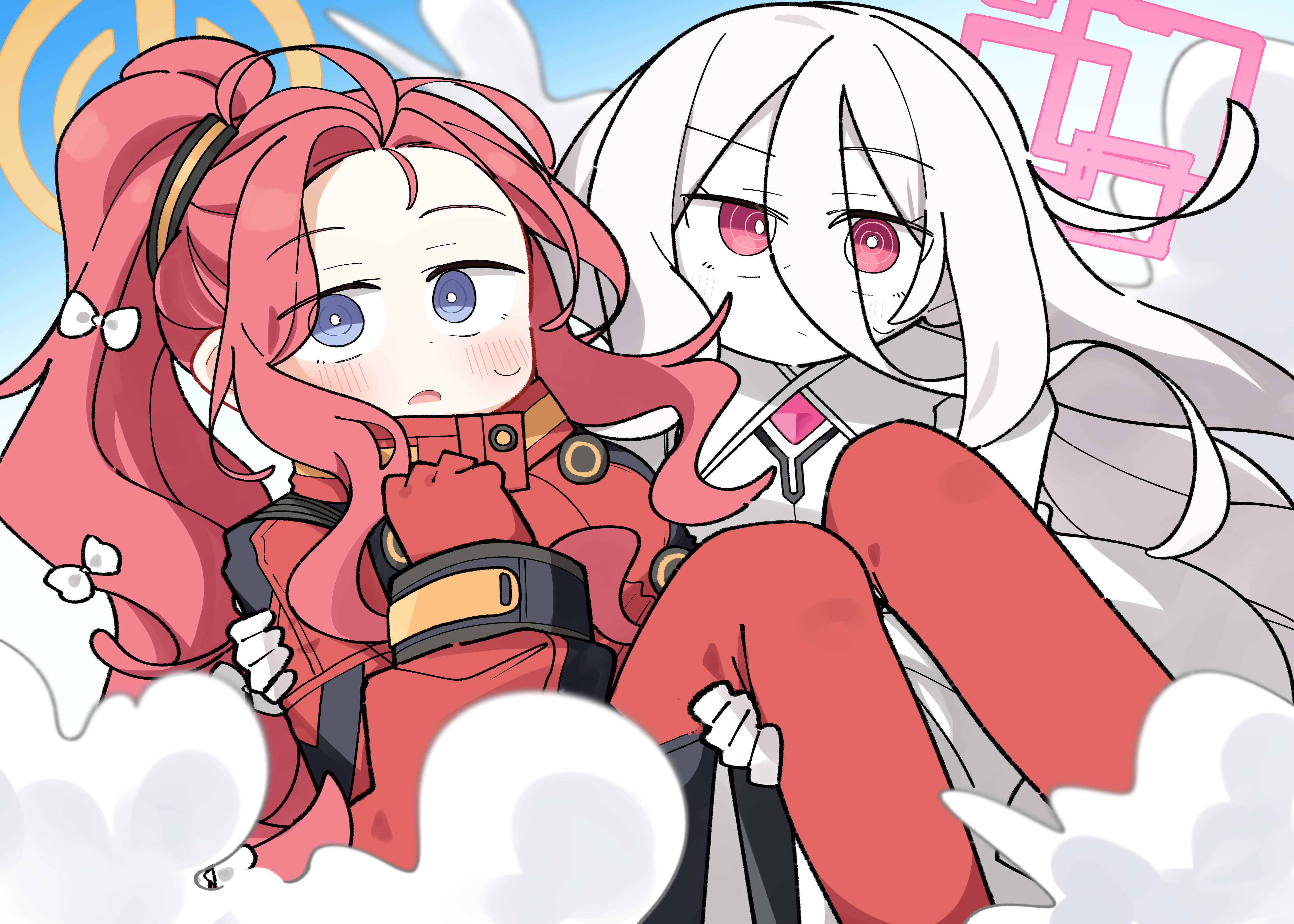 dash b, kei (robot) (blue archive), yuzu (blue archive), yuzu (pilot suit) (blue archive), blue archive, absurdres, commentary request, highres, 2girls, blue eyes, blue sky, blush, bodysuit, carrying, closed mouth, day, forehead, gloves, hair between eyes, halo, hand up, jumpsuit, long hair, long sleeves, multiple girls, open mouth, outdoors, pale skin, ponytail, power symbol, princess carry, puffy long sleeves, puffy sleeves, red eyes, red gloves, red hair, red jumpsuit, ringed eyes, sky, small sweatdrop, smoke, sweat, very long hair, white bodysuit, white hair