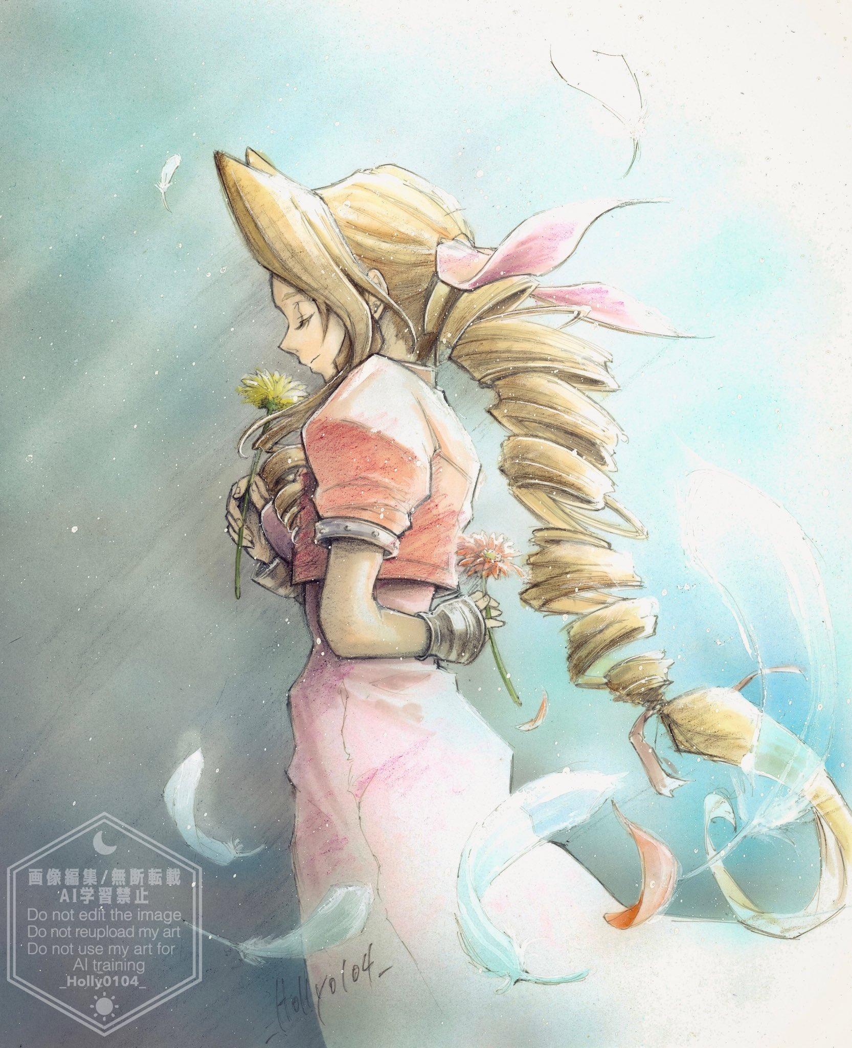 aerith gainsborough, final fantasy, final fantasy vii, commentary request, highres, 1girl, arm behind back, bangle, bracelet, braid, braided ponytail, breasts, brown hair, closed eyes, closed mouth, cowboy shot, cropped jacket, dress, falling feathers, feathers, flower, holding, holding flower, hori wo, jacket, jewelry, long dress, long hair, medium breasts, parted bangs, pink dress, red flower, red jacket, sidelocks, silver bangle, single braid, solo, twitter username, yellow flower