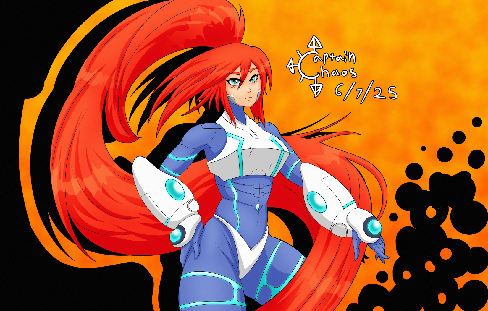 jenosa arma, scurge: hive, commentary, english commentary, highres, 1girl, :3, aqua eyes, artist name, blue bodysuit, bodysuit, captaincha0s76, closed mouth, dated, gauntlets, hair between eyes, hand on own hip, high ponytail, long hair, looking at viewer, ponytail, red hair, science fiction, signature, smile, solo, very long hair