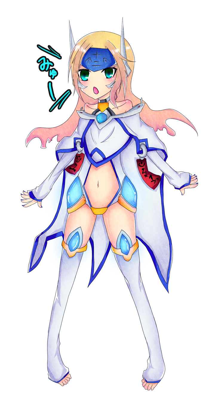 mukugoku, mu-12, arc system works, blazblue, highres, 1girl, bare shoulders, bikini, blonde hair, blue eyes, cape, female focus, full body, long hair, open mouth, simple background, solo, swimsuit, thighhighs, tiara, toeless legwear, white background