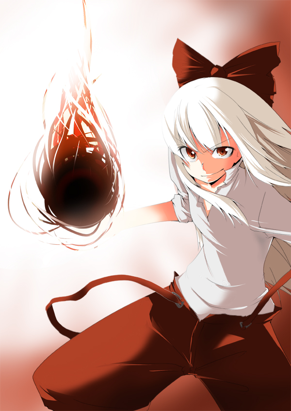 ikkinomi, fujiwara no mokou, touhou, bad id, bad pixiv id, 1girl, brown eyes, female focus, fire, gradient background, hair ribbon, red eyes, red theme, ribbon, shirt, sleeves rolled up, smirk, solo, white background, white shirt