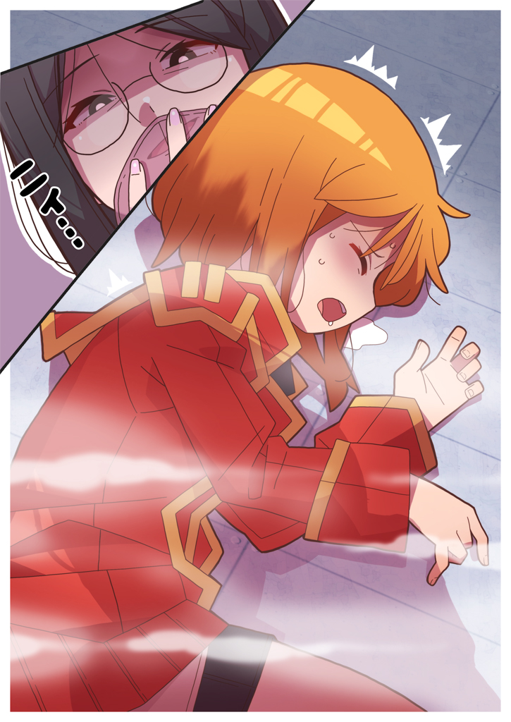 gacha-m, puru two, gundam, gundam zz, original, commentary, english commentary, 2girls, alternate costume, closed eyes, covering own mouth, drooling, fanfiction available, gas, glasses, half-closed eyes, jacket, military uniform, multiple girls, nail polish, neo zeon, open mouth, orange hair, pink nails, red jacket, red skirt, saliva pool, short hair, skirt, upper body