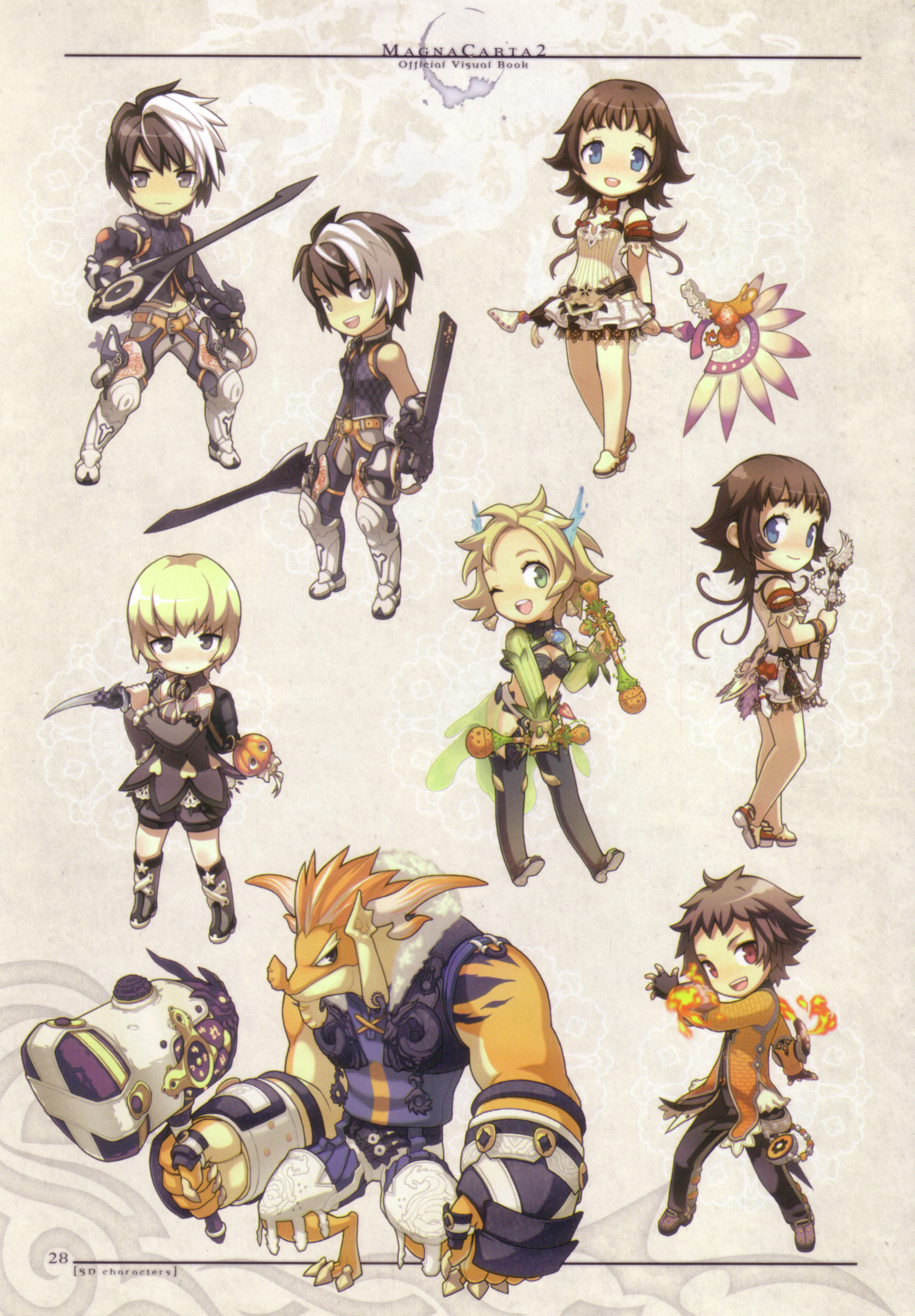 kim hyung tae, argo (magna carta 2), celestin roaa, crocell reedan, juto, rue, rue (magna carta 2), zephie, magna carta, magna carta 2, absurdres, highres, scan, :d, bikini top only, blonde hair, brown hair, chibi, green eyes, grey eyes, open mouth, pumpkin, red eyes, short hair, smile, weapon, wink
