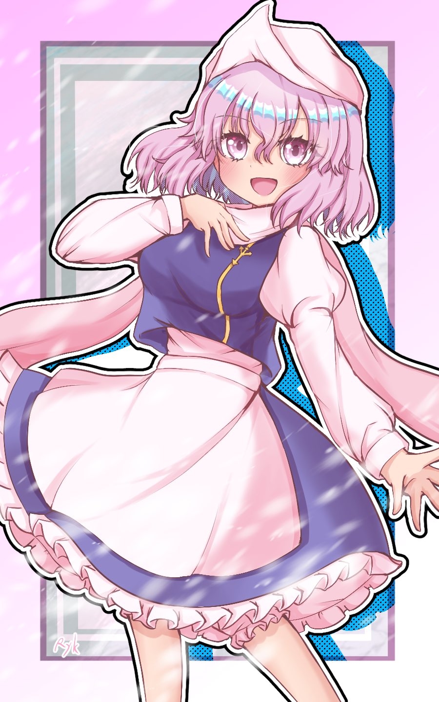 rykyukkuri, letty whiterock, touhou, commentary, highres, 1girl, abstract background, apron, ben-day dots, black outline, blue background, blue skirt, blue vest, border, breasts, cowboy shot, frilled skirt, frills, gold trim, gradient border, grey eyes, hair between eyes, hand on own chest, hat, juliet sleeves, large breasts, long sleeves, looking at viewer, medium hair, open mouth, outline, pink border, pink hair, puffy long sleeves, puffy sleeves, screentones, shirt, skirt, smile, solo, vest, white apron, white background, white border, white hat, white outline, white shirt