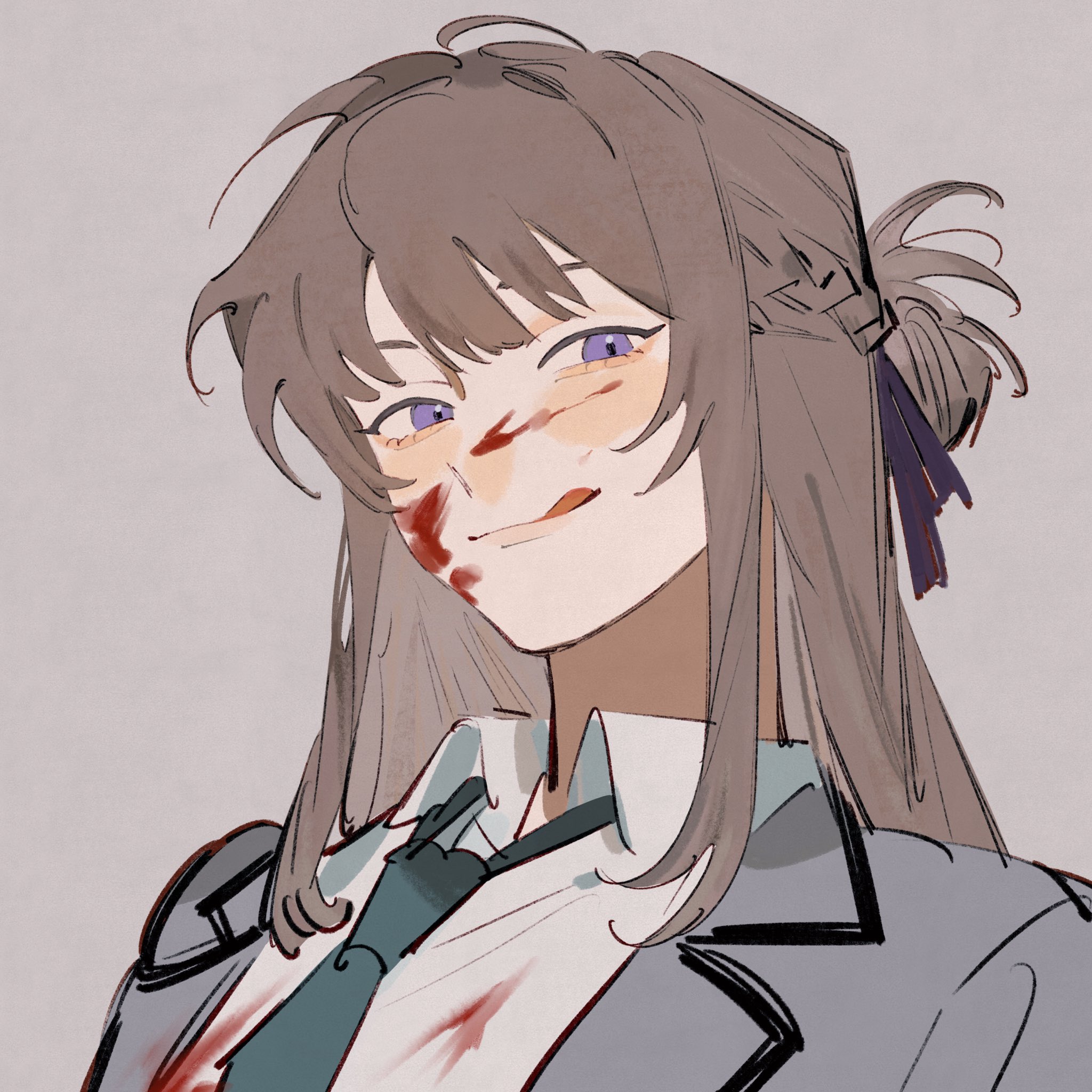 sendai hazuki, shuuniichido classmate wo kau hanashi, commentary, commission, english commentary, highres, second-party source, 1girl, aegyo sal, blood, blood on face, braid, brown hair, collared shirt, grey background, grey jacket, grey necktie, hair ribbon, half up braid, jacket, licking lips, long hair, necktie, purple eyes, ribbon, shirt, sidelocks, simple background, solo, tongue, tongue out, uikaposting, upper body, white shirt