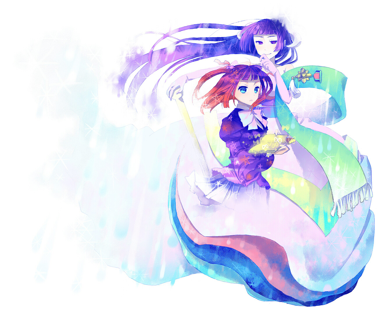 mocco, featherine augustus aurora, ushiromiya ange, 07th expansion, no naku koro ni (series), umineko no naku koro ni, bad id, bad pixiv id, black hair, blunt bangs, book, colorful, gloves, hair bobbles, hair ornament, hime cut, japanese clothes, skirt, staff, twintails