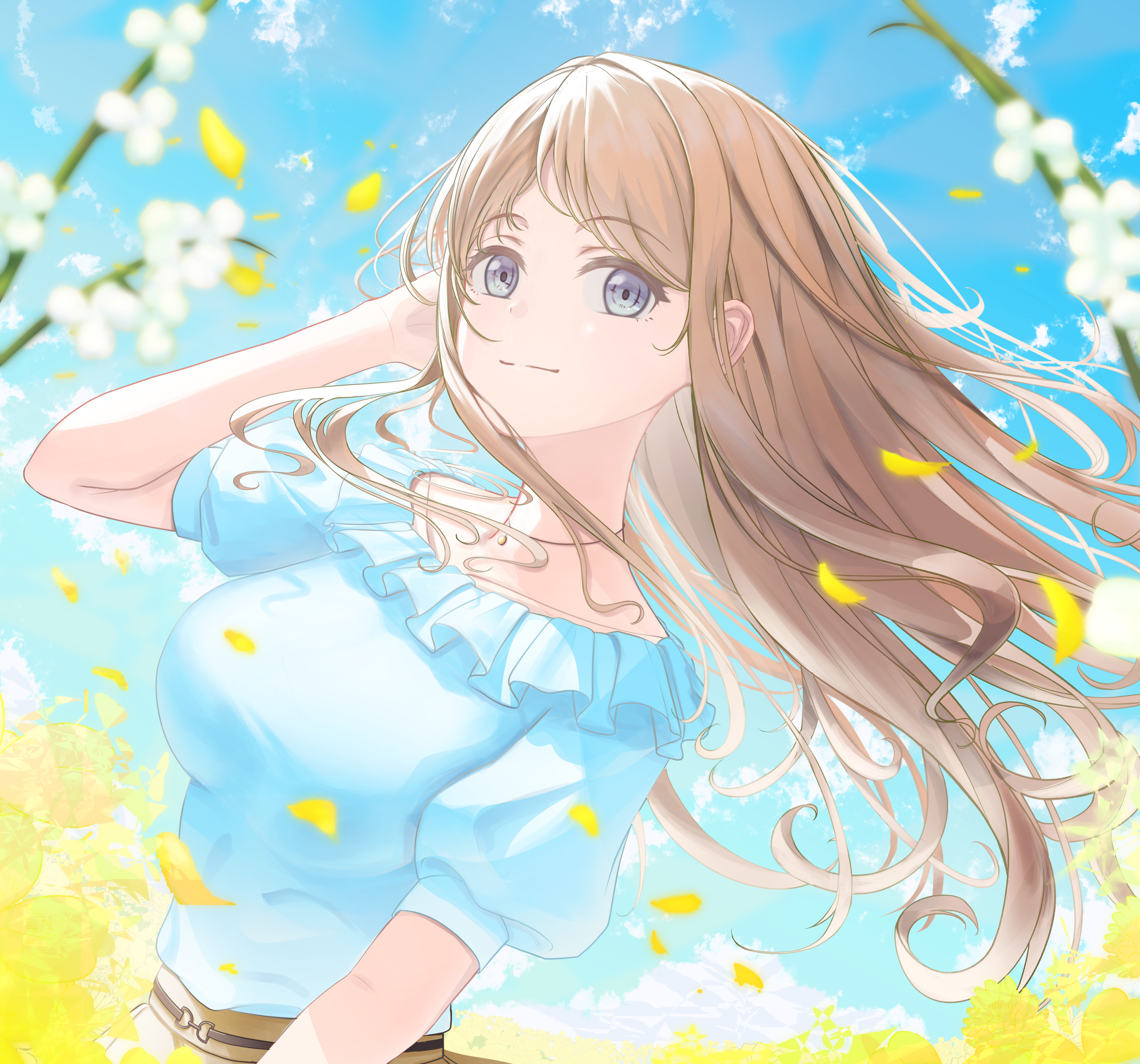 aqua (eos8012), nagasaki soyo, bang dream!, bang dream! it's mygo!!!!!, absurdres, commentary, highres, korean commentary, 1girl, blue eyes, blue shirt, breasts, brown hair, closed mouth, falling petals, jewelry, long hair, looking at viewer, medium breasts, necklace, petals, puffy short sleeves, puffy sleeves, shirt, short sleeves, sidelocks, solo, upper body