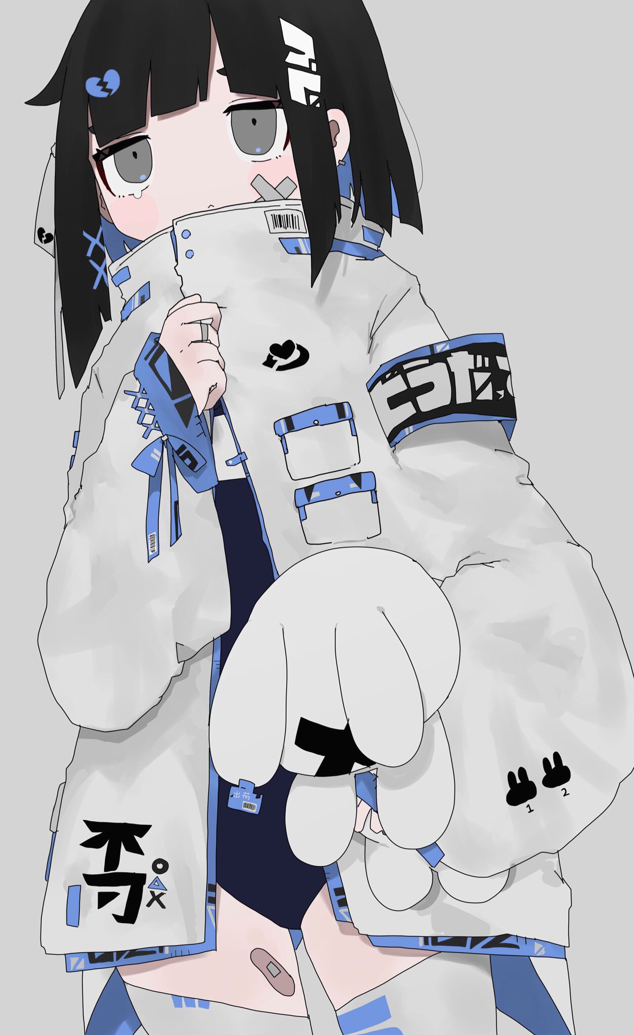nukunuku nigirimeshi, original, commentary request, highres, 1girl, armband, bandaid, bandaid on cheek, bandaid on face, bandaid on leg, bandaid on thigh, barcode, black hair, colored inner hair, cowboy shot, grey background, grey eyes, hair ornament, high collar, holding, holding stuffed toy, jacket, jewelry, long sleeves, looking at viewer, multicolored hair, one-piece swimsuit, ring, school swimsuit, short hair, simple background, sleeves past wrists, solo, stuffed animal, stuffed rabbit, stuffed toy, swimsuit, thighhighs, white jacket, white thighhighs