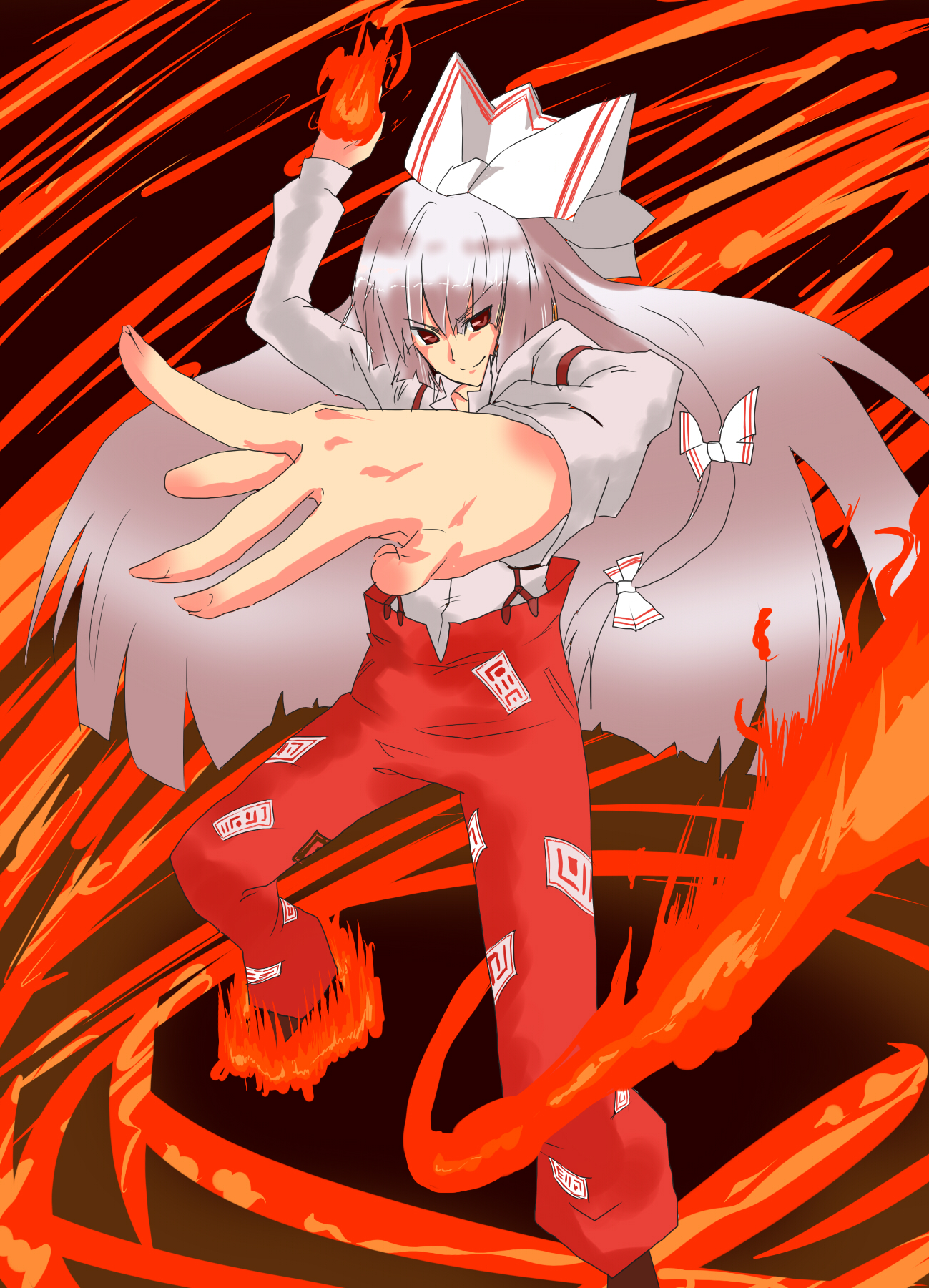 fuyunohajime, fujiwara no mokou, touhou, silver hair, bad id, bad pixiv id, highres, 1girl, female focus, fire, foreshortening, hair ribbon, long hair, outstretched hand, pants, red eyes, ribbon, shirt, smile, solo, suspenders, white shirt