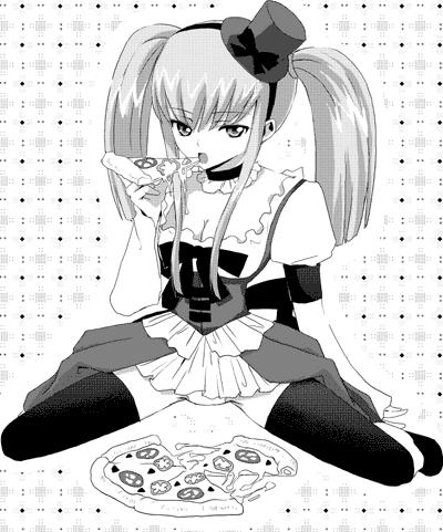 c.c., code geass, lowres, food, hat, lolita fashion, mini hat, mini top hat, pizza, seiza, sitting, thighhighs, top hat