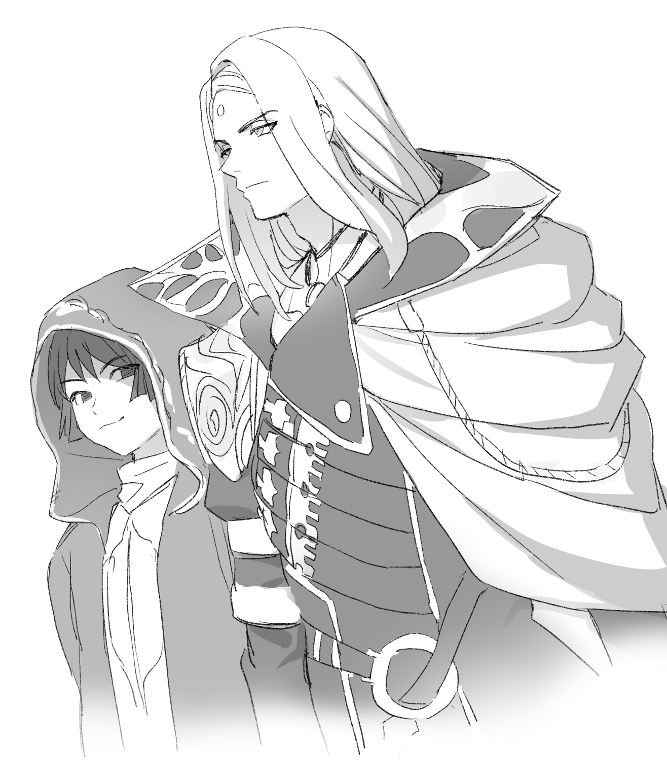 dede (qwea 00000), zenos yae galvus, final fantasy, final fantasy xiv, commentary request, highres, korean commentary, 2boys, black hair, blonde hair, cloak, closed mouth, cowboy shot, facial mark, fandaniel, forehead mark, greyscale, hood, hood up, jewelry, light smile, long hair, looking at viewer, monochrome, multiple boys, necklace, ornate clothes, short hair, sketch, white background, white cloak