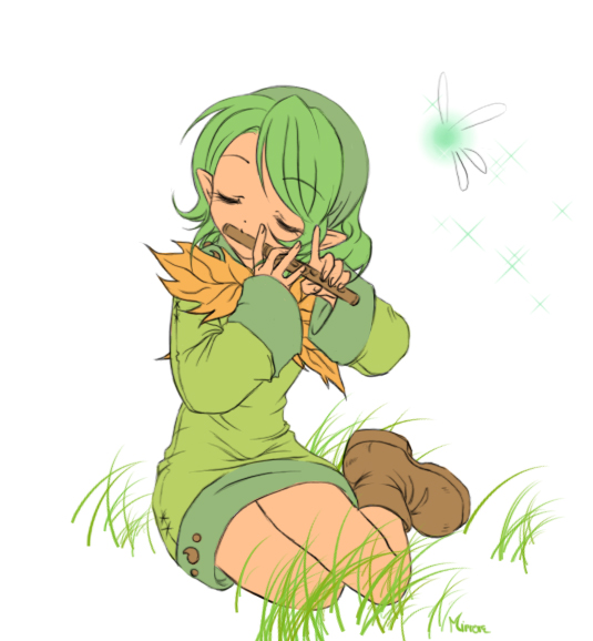 saria (zelda), nintendo, the legend of zelda, the legend of zelda: ocarina of time, 1girl, closed eyes, fairy, female focus, flute, grass, instrument, short hair, solo