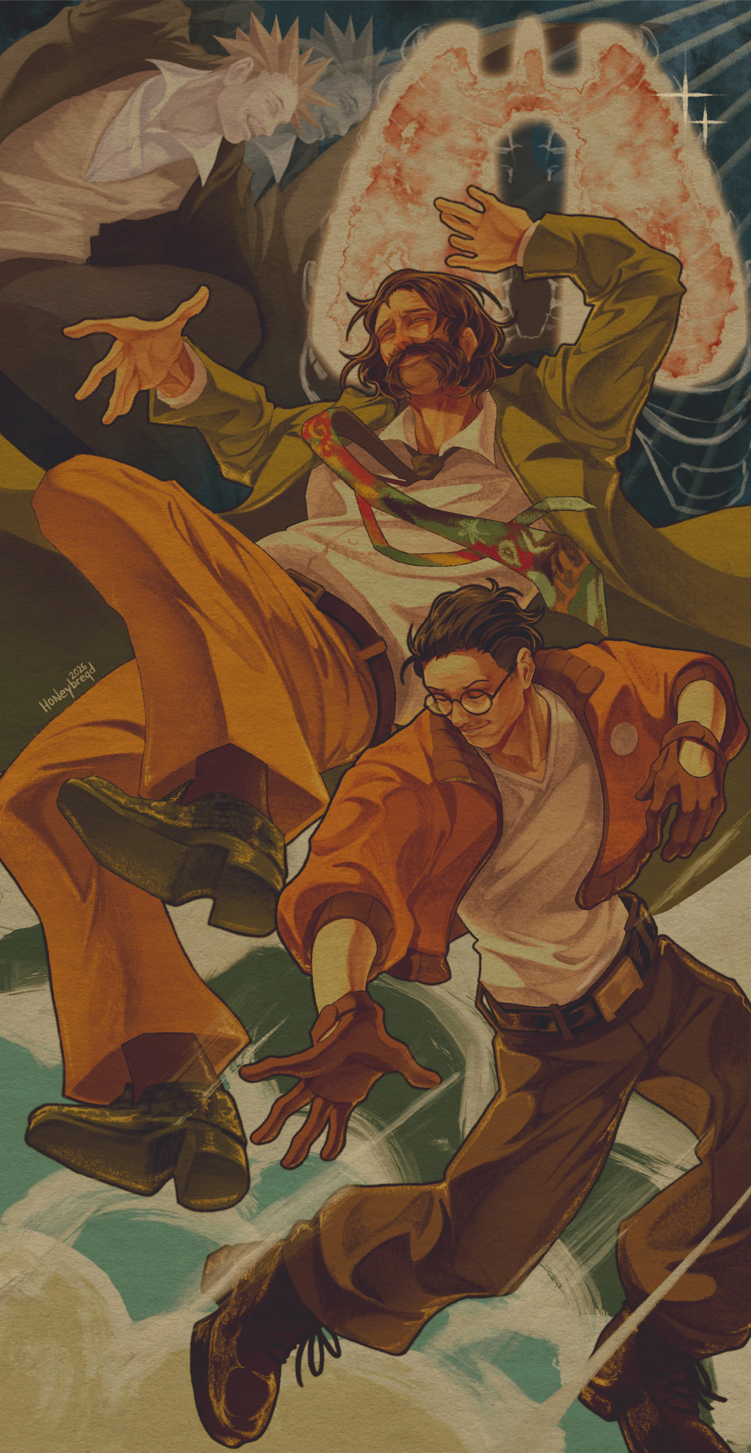 honeybreqd, harry du bois, horrific necktie, kim kitsuragi, disco elysium, commentary, english commentary, highres, 3boys, belt, black hair, blazer, bomber jacket, brown gloves, brown hair, closed eyes, collared shirt, facial hair, full body, glasses, gloves, glowing organ, green jacket, grin, hair slicked back, hands up, jacket, knees up, lungs, male focus, mullet, multiple boys, mustache stubble, mutton chops, orange jacket, outstretched arm, pete andre, shirt, shirt tucked in, smile, spiked hair, stubble, vest, white shirt, yellow vest