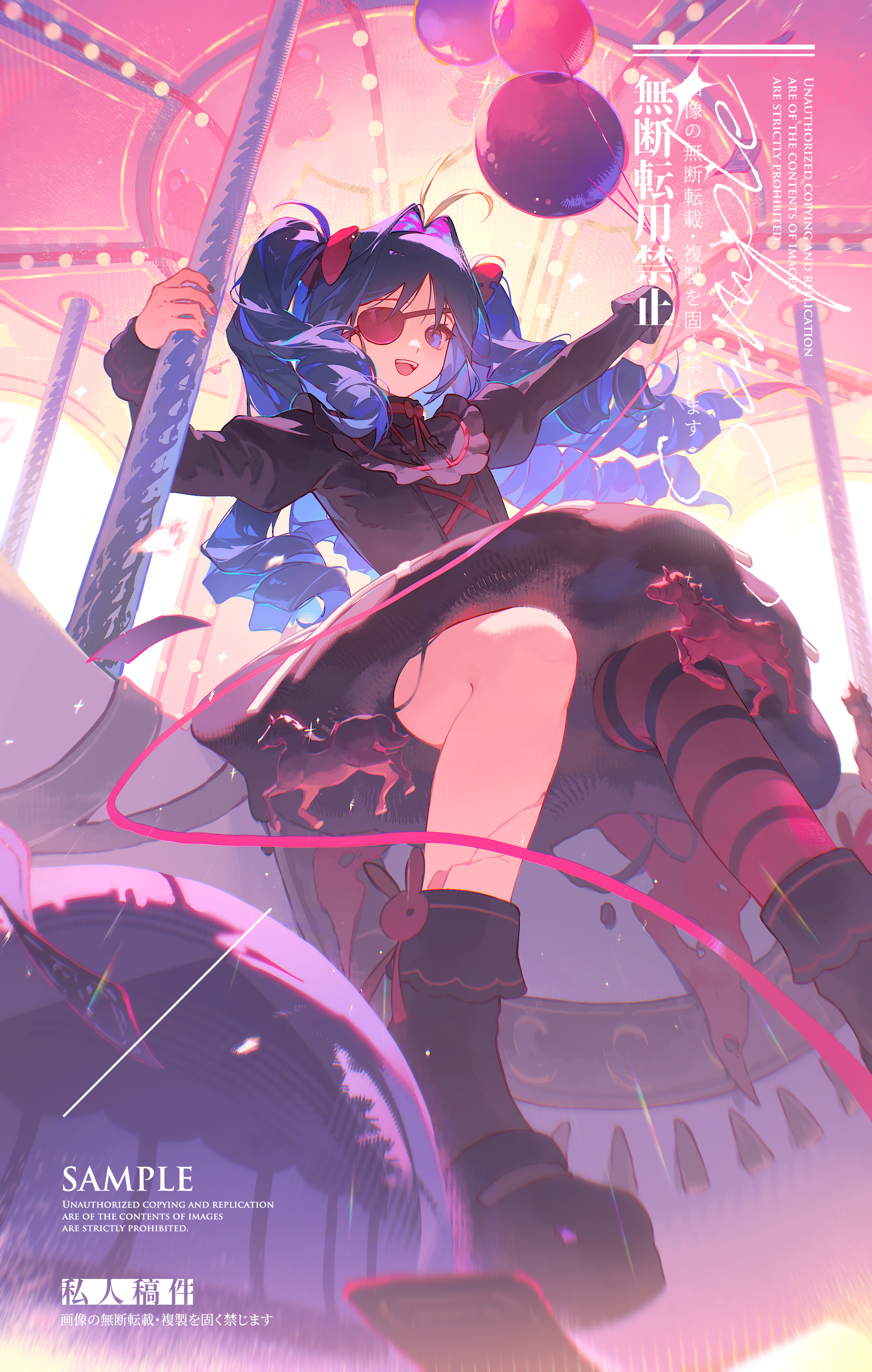 original, absurdres, highres, image sample, mihuashi sample, 1girl, balloon, black dress, boots, bow, bushi feichai qishi, carousel, cracked skin, dress, eyelashes, eyepatch, fingernails, frills, hair bow, hair intakes, holding, holding balloon, juliet sleeves, long sleeves, looking at viewer, nail polish, one eye covered, open mouth, outdoors, pink ribbon, puffy sleeves, purple eyes, purple hair, red bow, ribbon, ringlets, sample watermark, sidelocks, single leg pantyhose, sitting, solo, teeth, tongue, upper teeth only, watermark