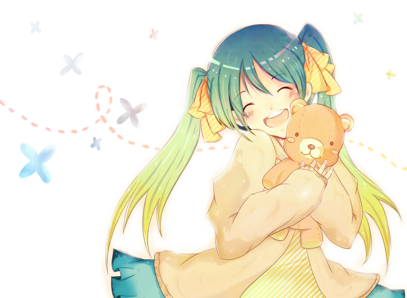 nabisuke, hatsune miku, vocaloid, bad id, bad pixiv id, blush, happy, multicolored hair, open mouth, ribbon, simple background, smile, solo, stuffed animal, stuffed toy, teddy bear, twintails